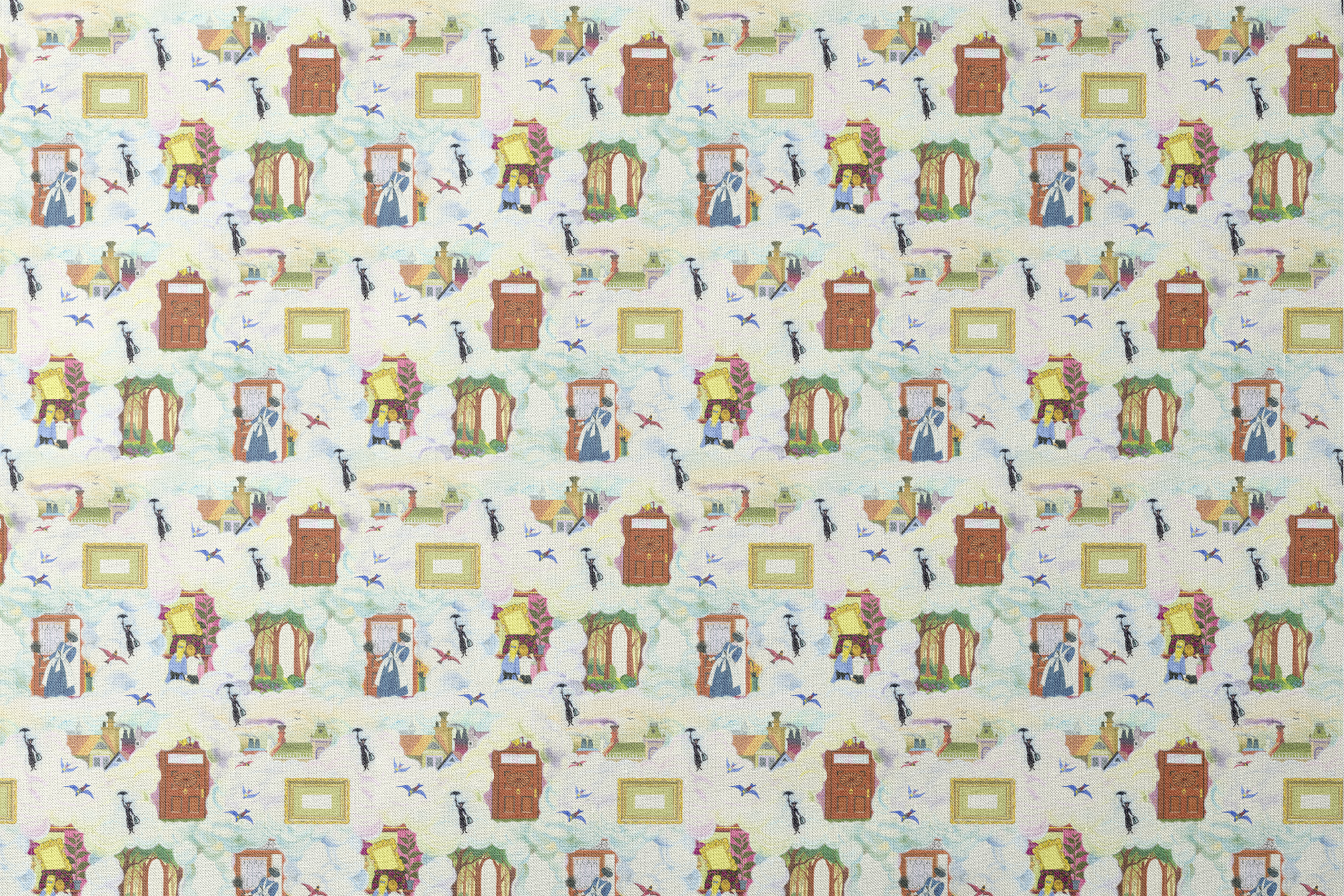 Whimsical pattern with colorful illustrated doorways, frames, and Mary Poppins with umbrellas on a pale blue background designs flat mockup