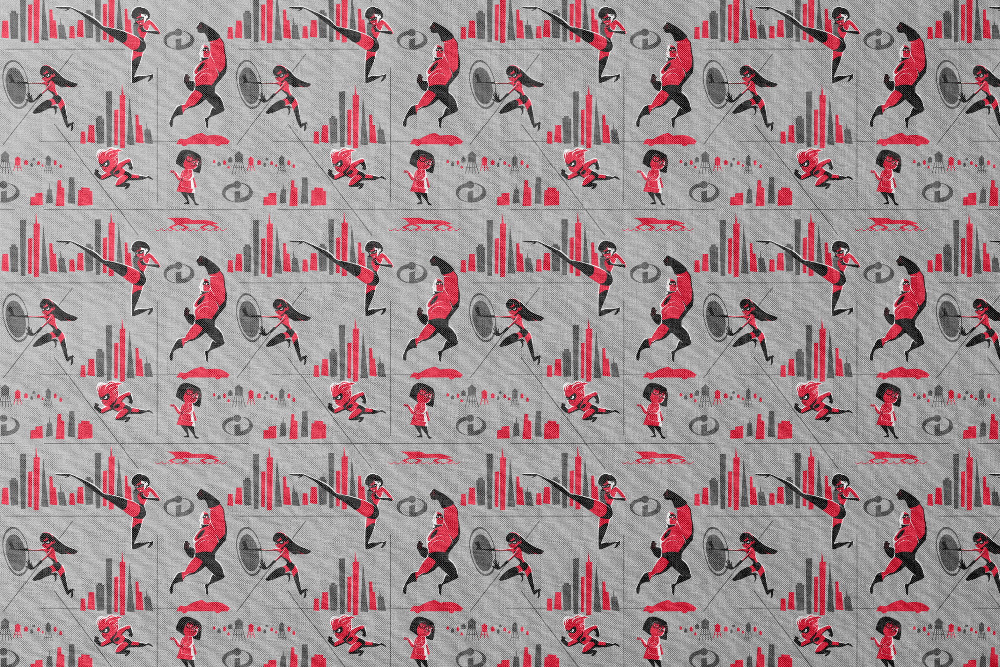 Characters in red and black superhero outfits from The Incredibles shown in action poses against gray background with city elements designs flat mockup