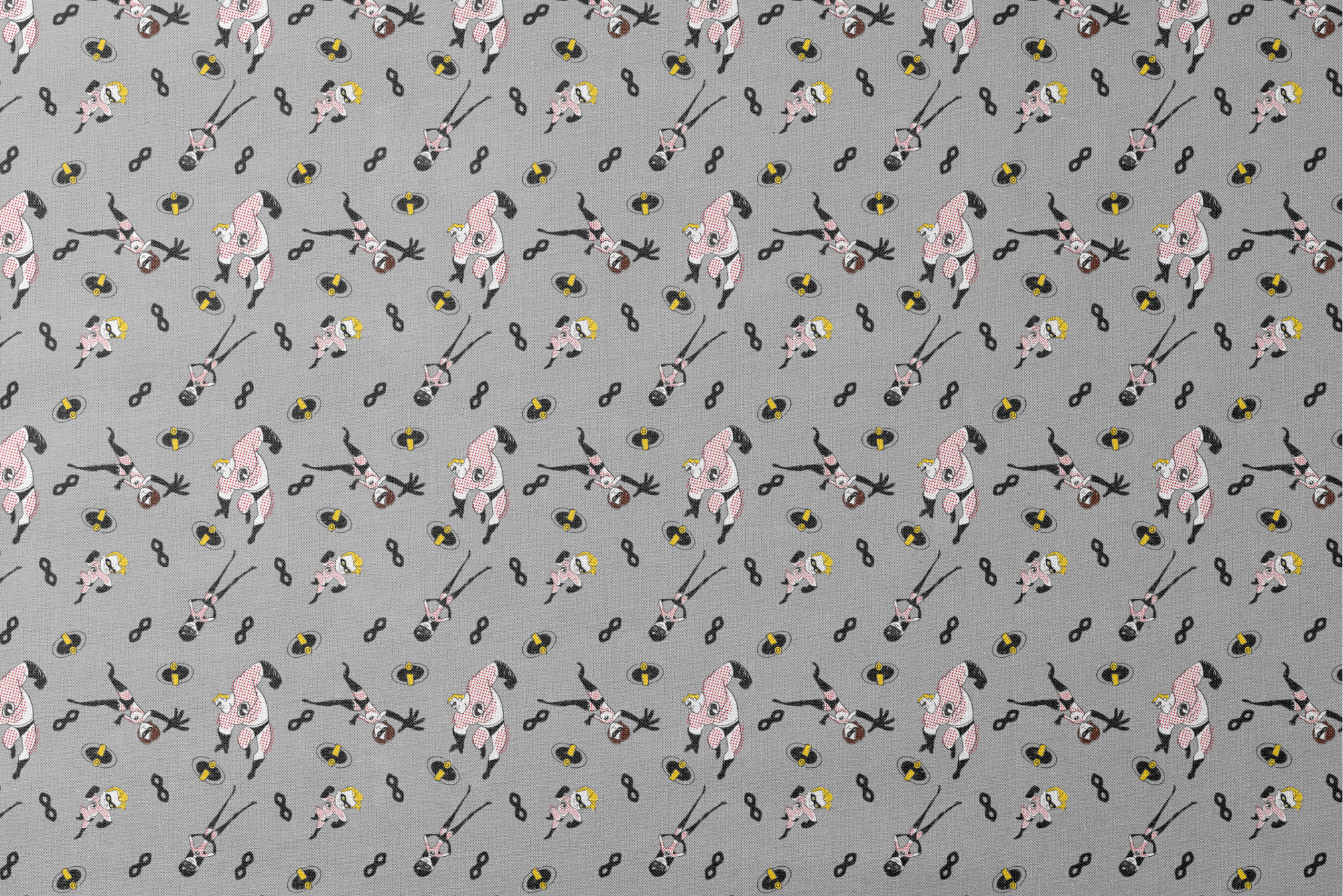 The Incredibles in black and white suits with yellow emblems scattered on gray background with masks designs flat mockup