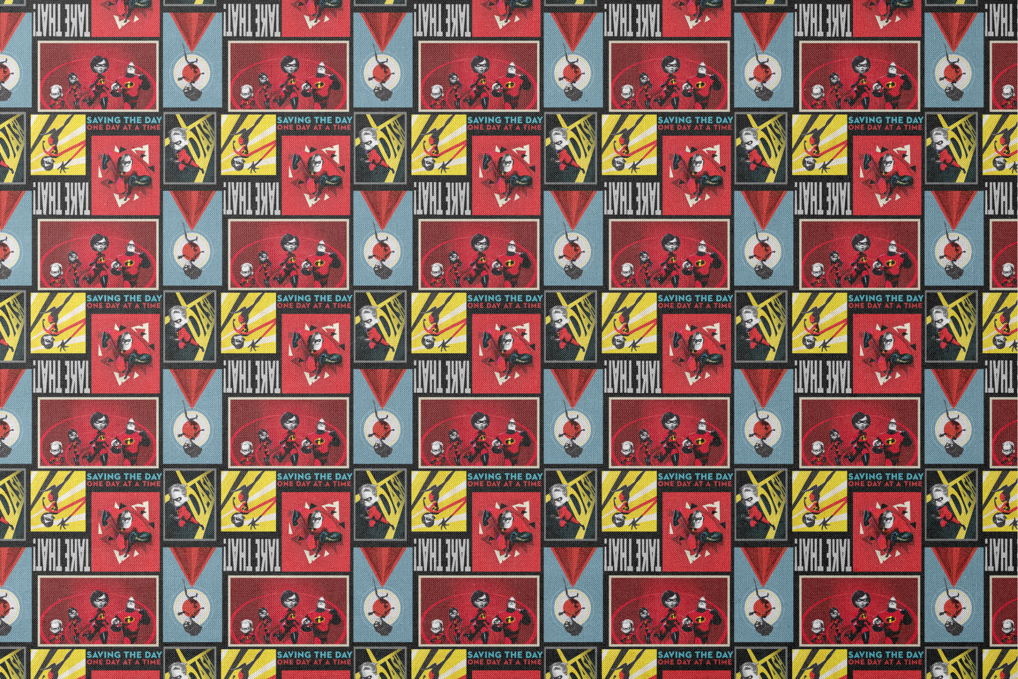 Incredibles superhero family comic style artwork with "Saving the Day One Day at a Time" text designs flat mockup