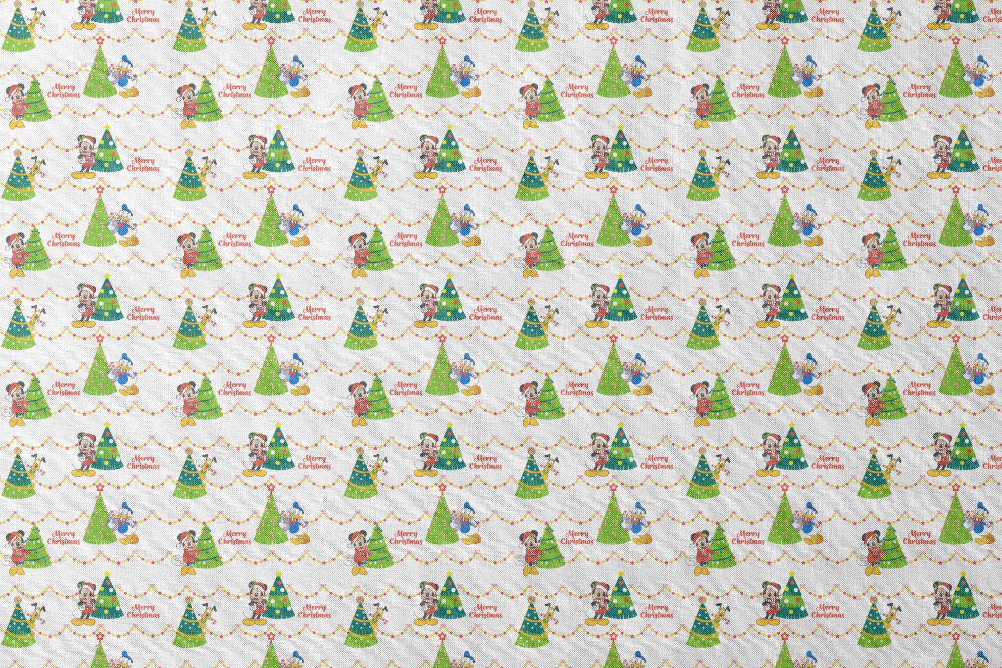 Disney Christmas pattern with Mickey, Minnie, and Donald beside decorated trees with star garland borders designs flat mockup