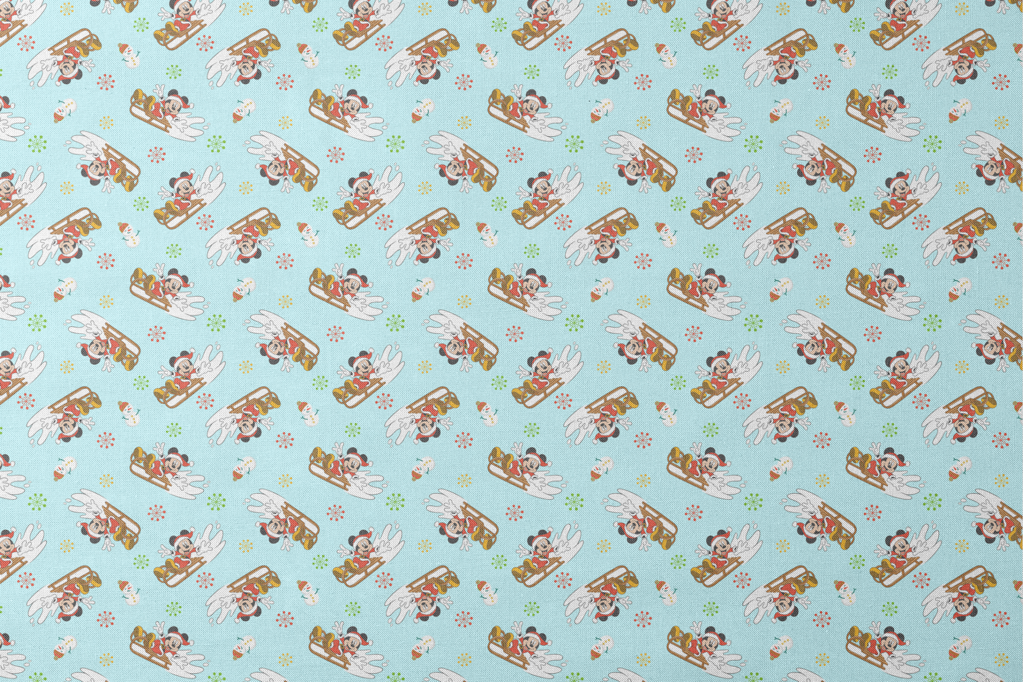 Christmas pattern with Mickey Mouse on sleds, snowmen, and colorful snowflakes on light blue background designs flat mockup