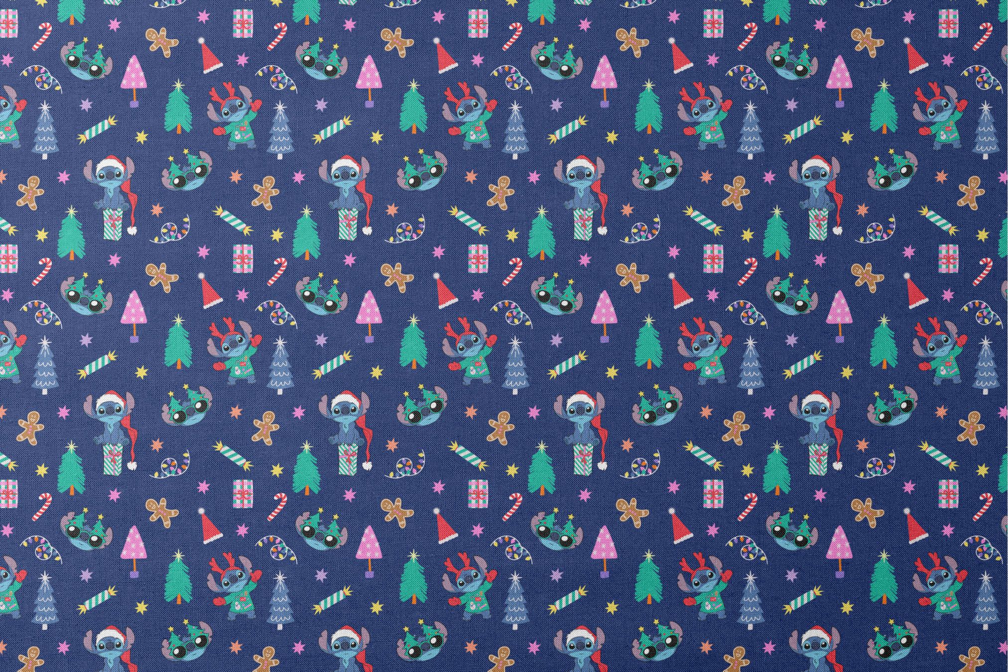 Festive Christmas pattern with Stitch, trees, candy canes, presents, and gingerbread men on navy background designs flat mockup