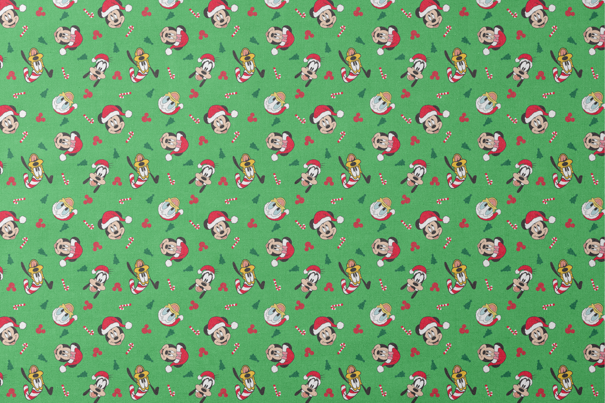 Disney Mickey Mouse characters in Santa hats on green background with candy canes and Christmas trees designs flat mockup