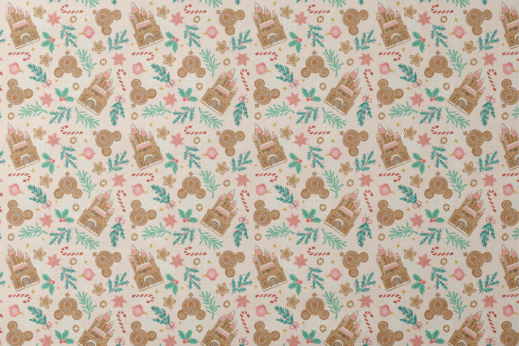 Disney Christmas pattern with gingerbread castles, carriages, candy canes, stars, and pine sprigs in holiday colors designs flat mockup