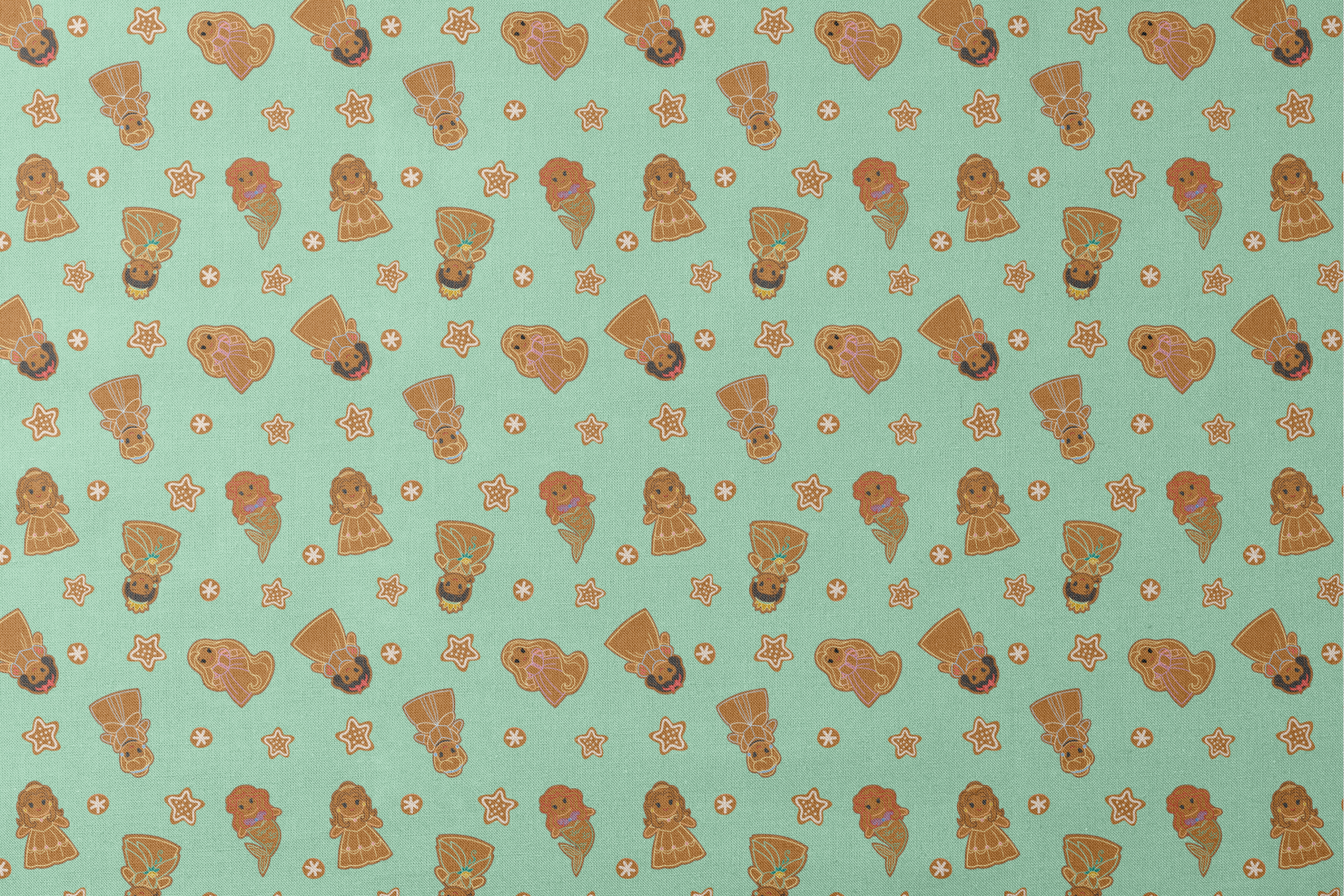 Disney Princess gingerbread cookies with star and snowflake designs on mint green background designs flat mockup