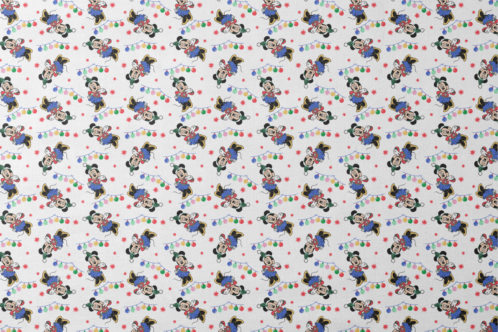 Minnie Mouse in Santa hats with blue outfits surrounded by colorful string lights and red stars on white background designs flat mockup