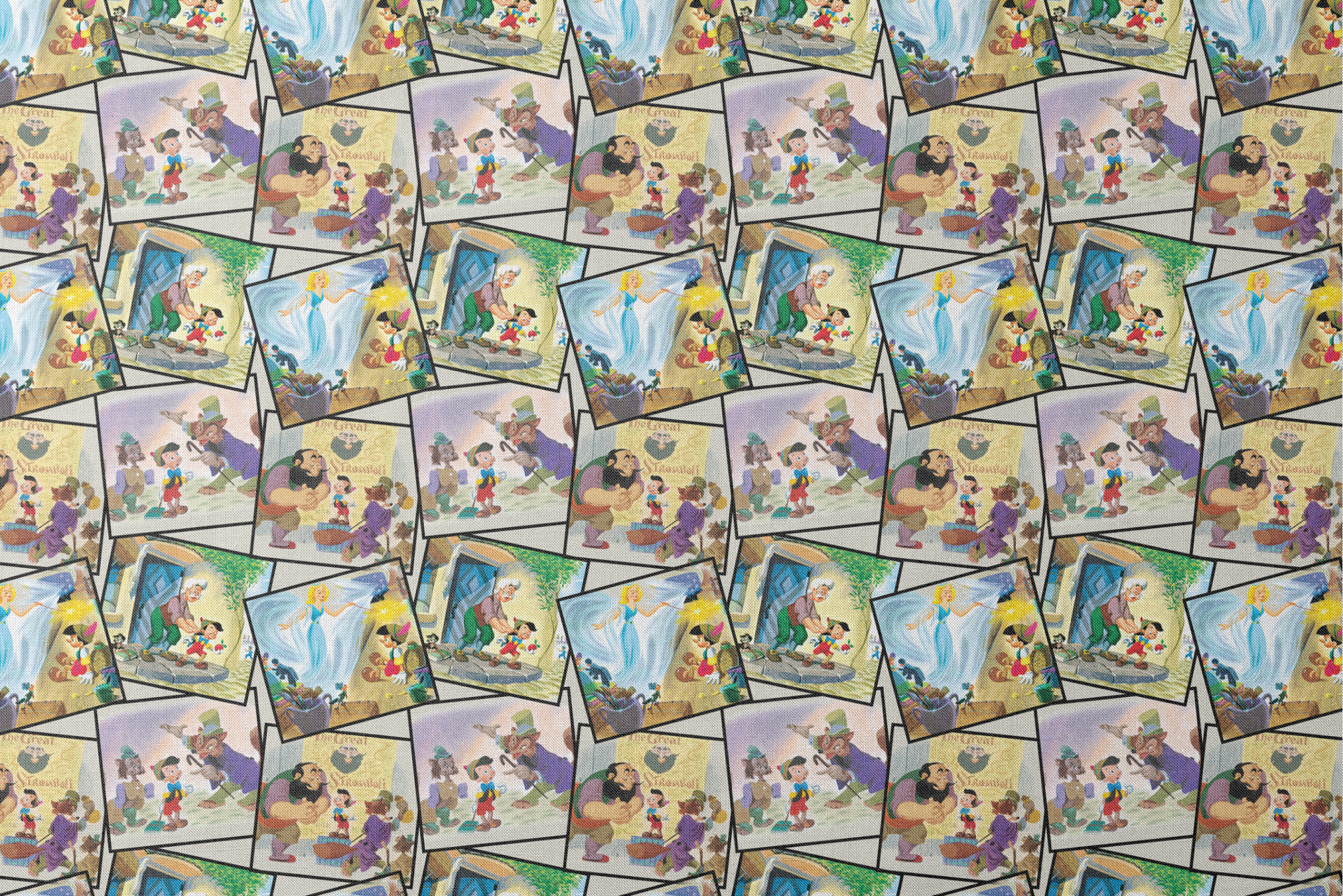 Colorful collage of Pinocchio scenes showing the wooden puppet, Geppetto, and other characters from the classic fairy tale. designs flat mockup