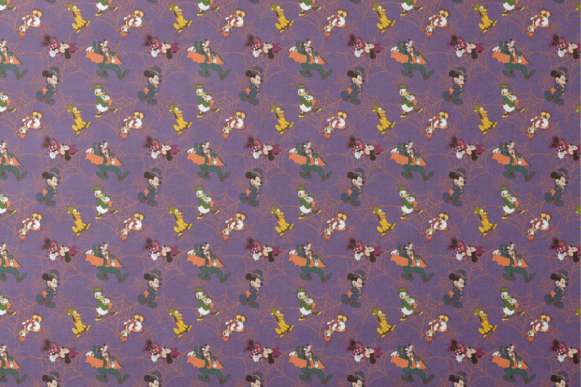 Disney cartoon characters in Halloween costumes on purple background with orange spider webs designs flat mockup