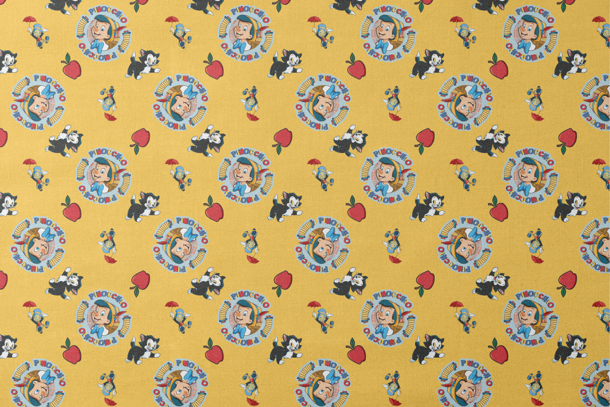 Pinocchio and Disney character pattern on yellow background with circular logos and red apples designs flat mockup