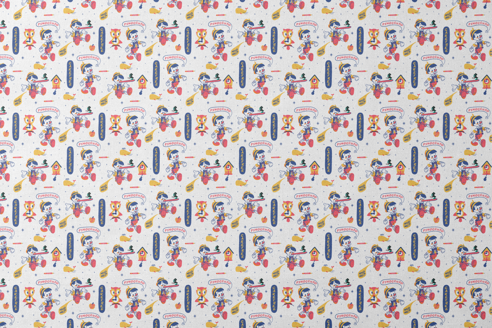 Colorful cartoon pattern featuring Pinocchio characters, whales, and text elements on white background designs flat mockup