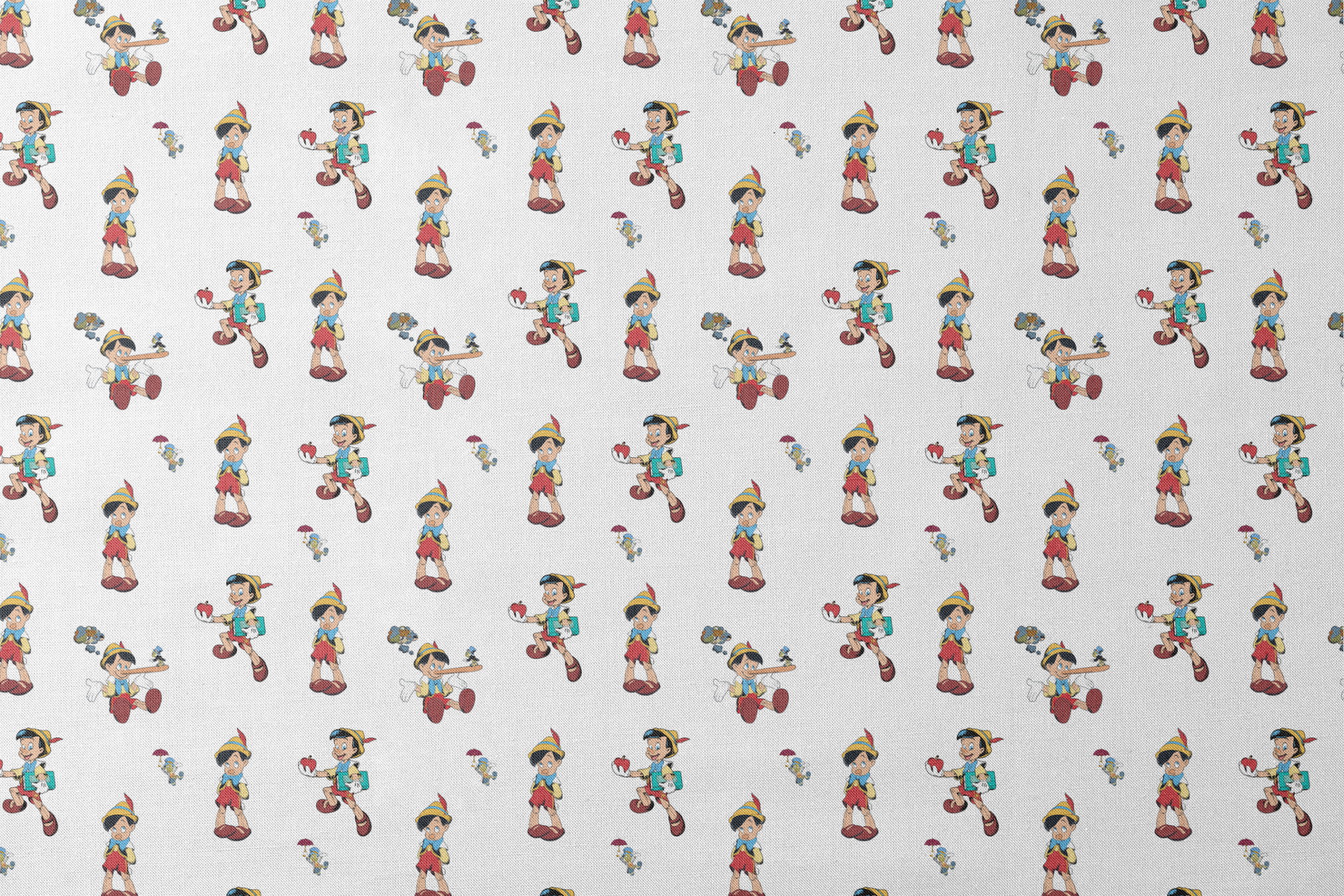 Repeating pattern of cartoon wooden puppet character with pointed hat in various poses designs flat mockup