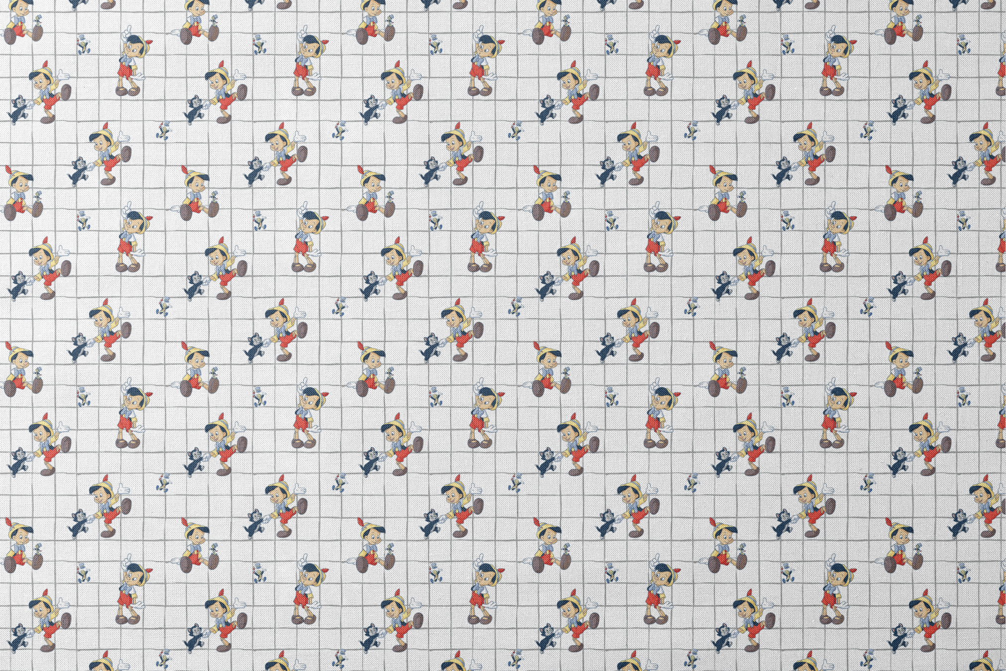 Classic cartoon puppets with red shorts, yellow hats on white grid pattern with small black cat figures designs flat mockup