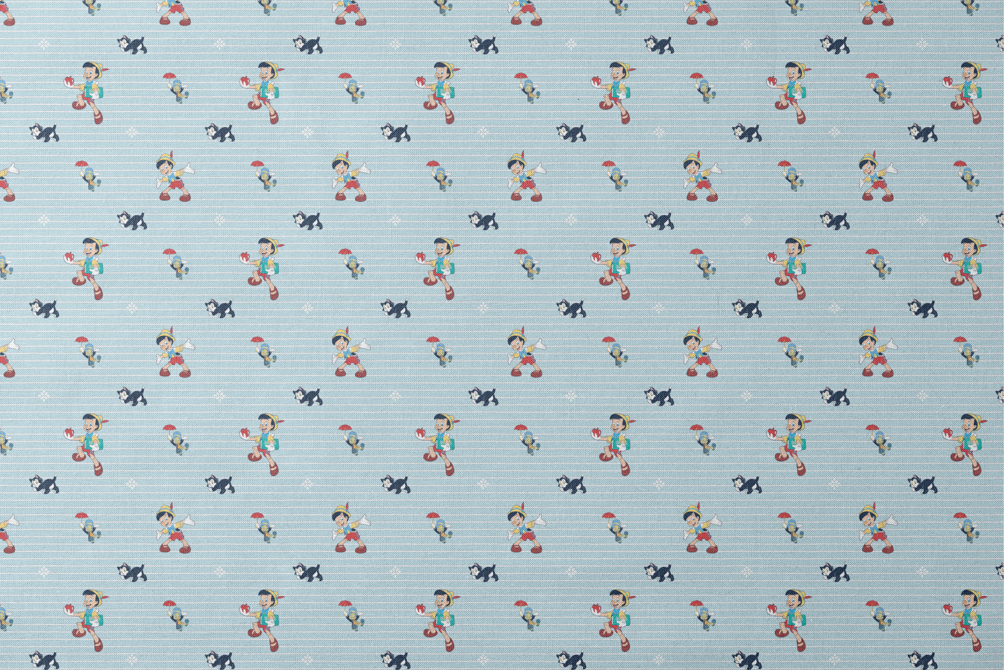 Cartoon pattern with boy character holding apple, black kittens, snowflakes on light blue striped background designs flat mockup