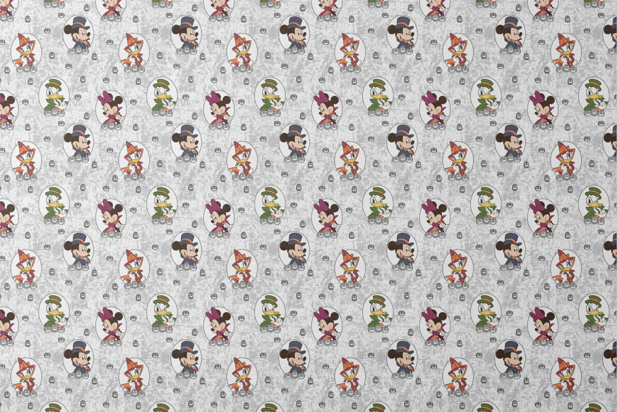 Disney Halloween pattern with Mickey in top hat, Donald in green hat, and Daisy in witch hat on gray background with pumpkins. designs flat mockup