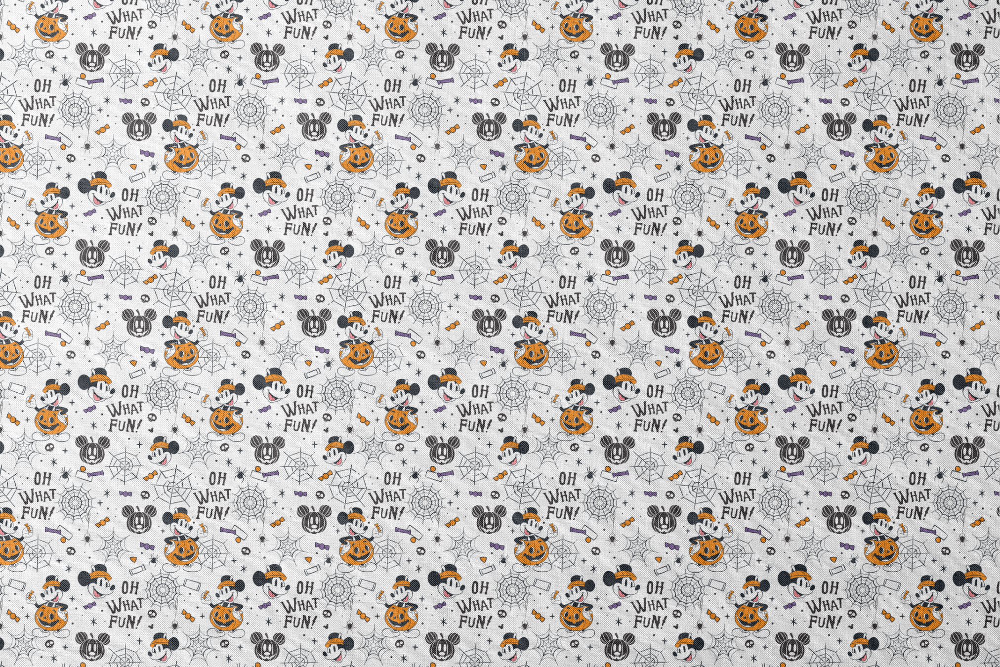 Halloween-themed cartoon pattern with Mickey Mouse characters, pumpkins, spider webs, and "OH WHAT FUN!" text on white background designs flat mockup
