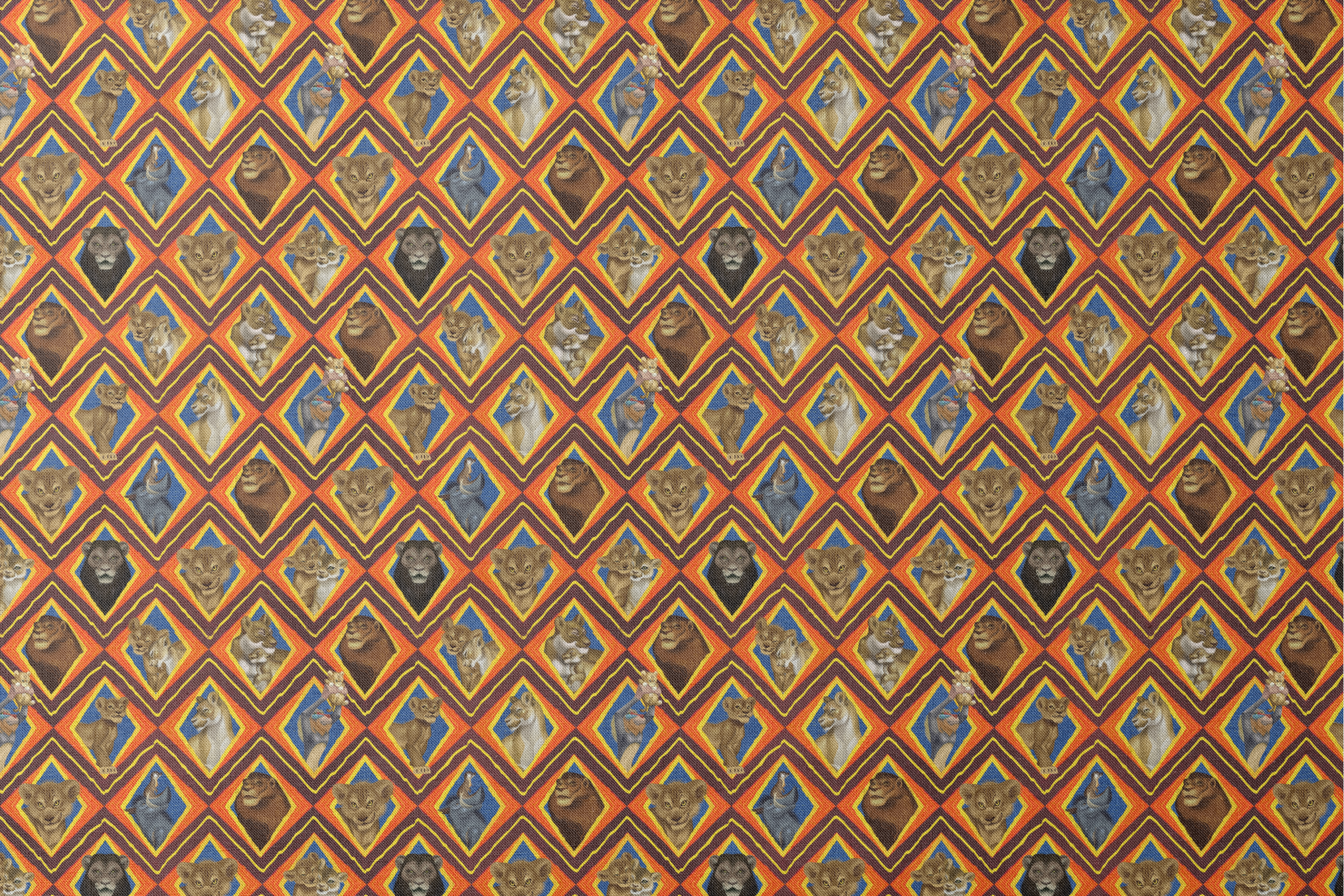 Diamond pattern of illustrated lions with various expressions in brown, tan, and gray against colorful geometric backgrounds. designs flat mockup