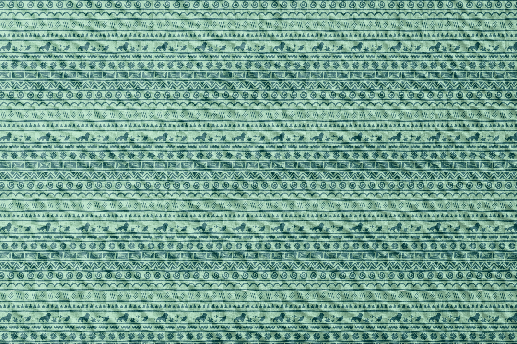 Traditional African-inspired pattern in dark teal on mint green with lions, spirals, triangles, and geometric motifs designs flat mockup