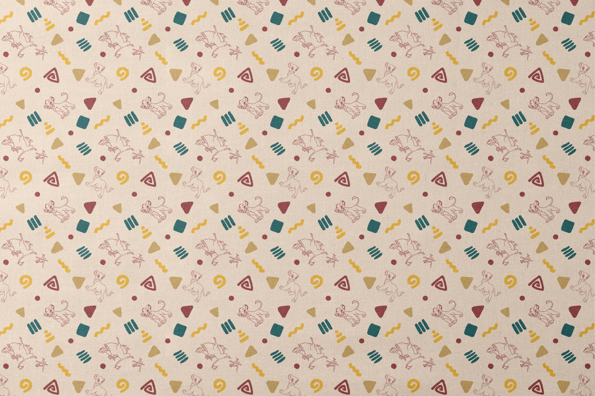 Abstract pattern with line art animal sketches, geometric shapes in teal, yellow, and burgundy on beige background designs flat mockup