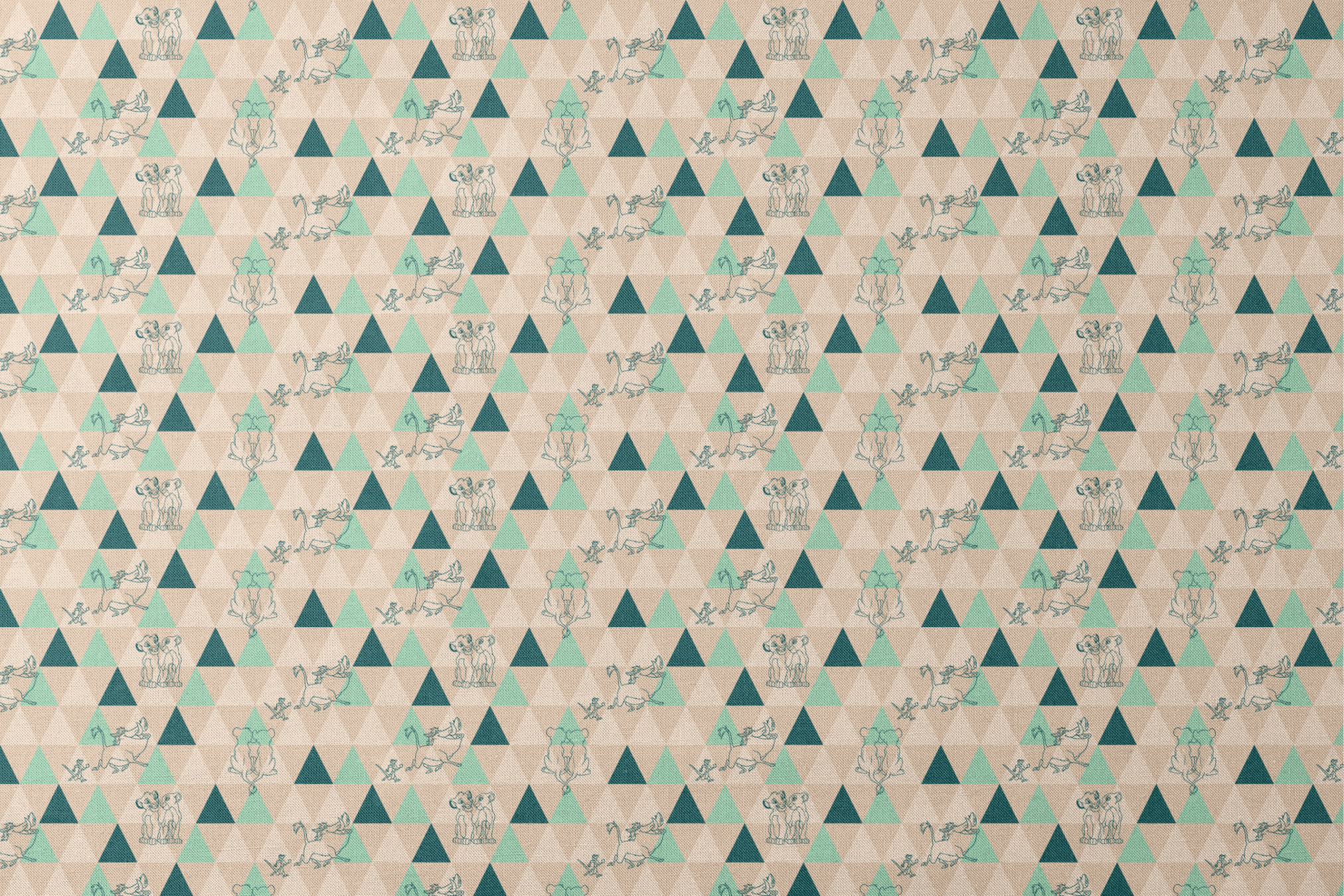 Geometric triangle pattern with stylized animal illustrations in teal and beige, featuring dogs, elephants, and other creatures. designs flat mockup
