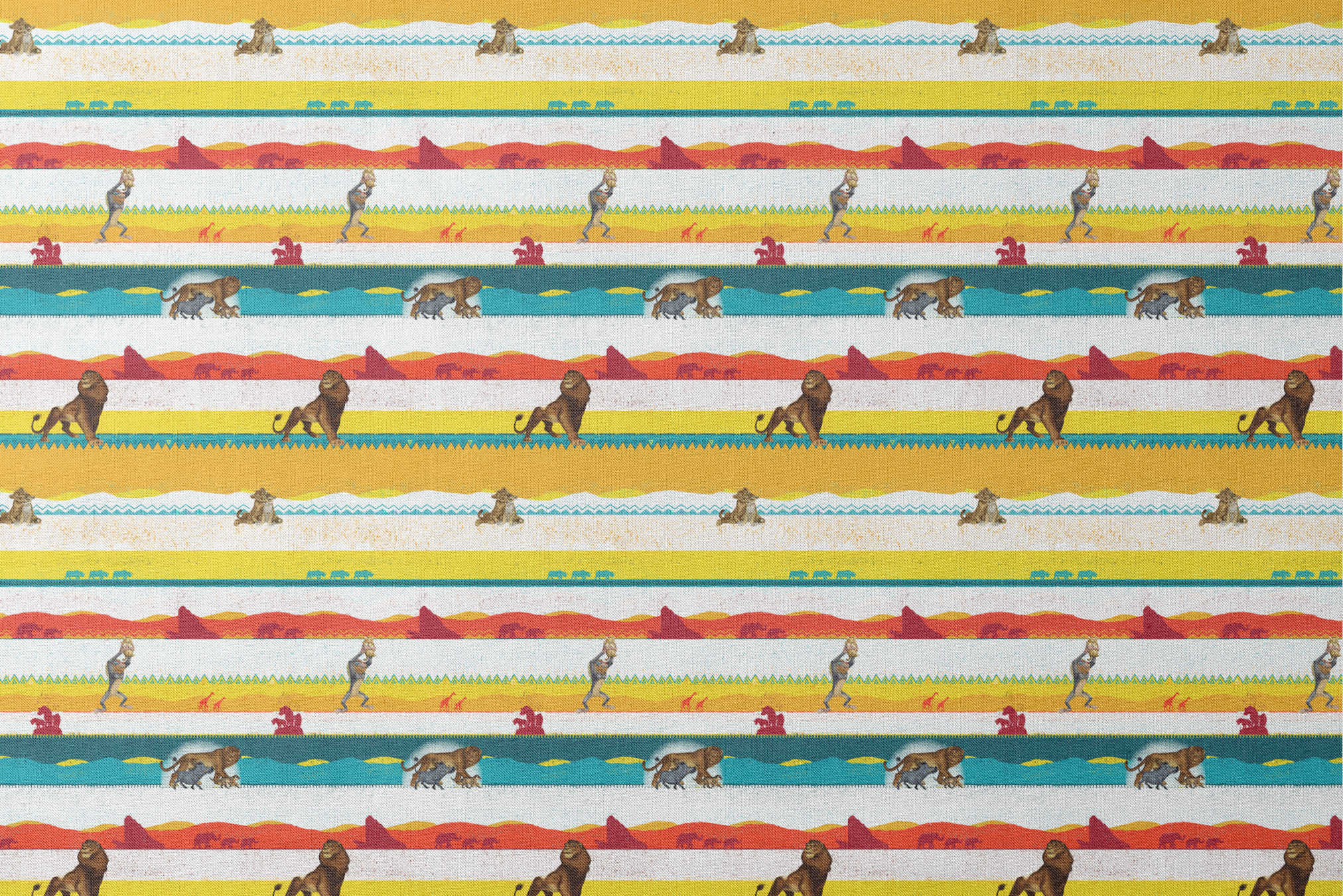 Colorful horizontal striped pattern featuring wildlife silhouettes including lion, elephant, and animals in savanna landscapes. designs flat mockup