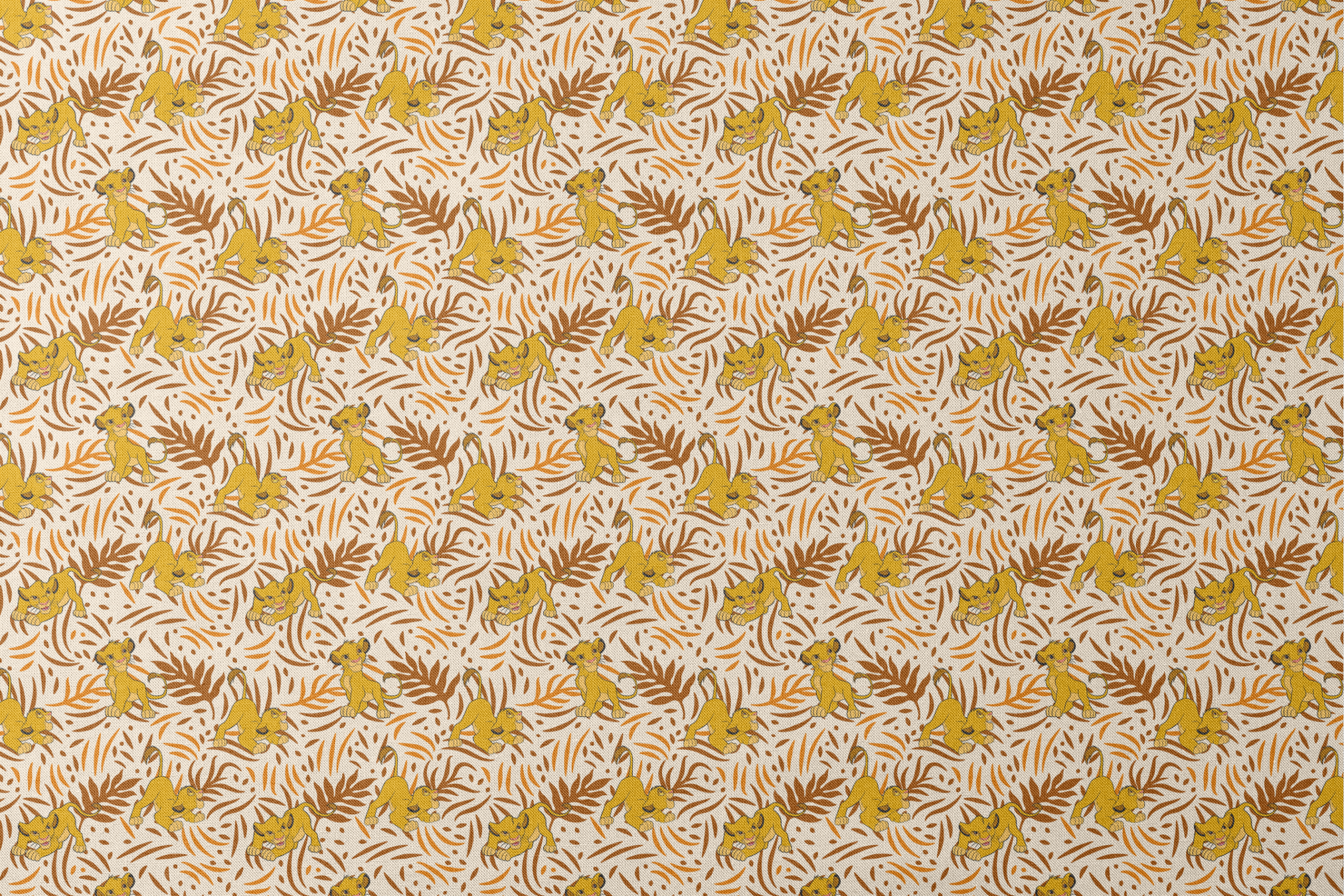 Cartoon lion cubs playing among stylized brown palm leaf pattern on cream background designs flat mockup