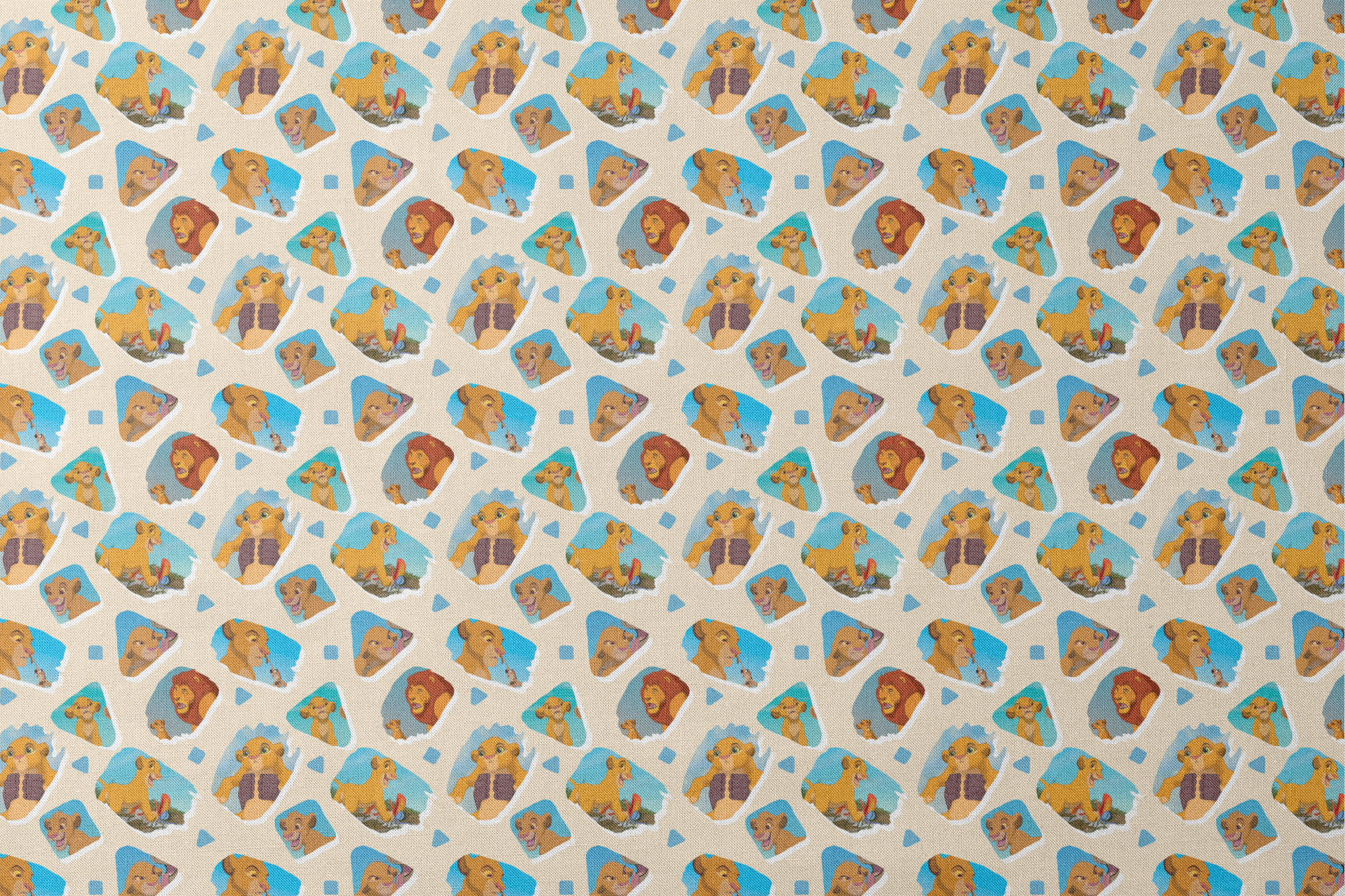 Young lion cub characters from The Lion King in a repeating pattern on cream background designs flat mockup