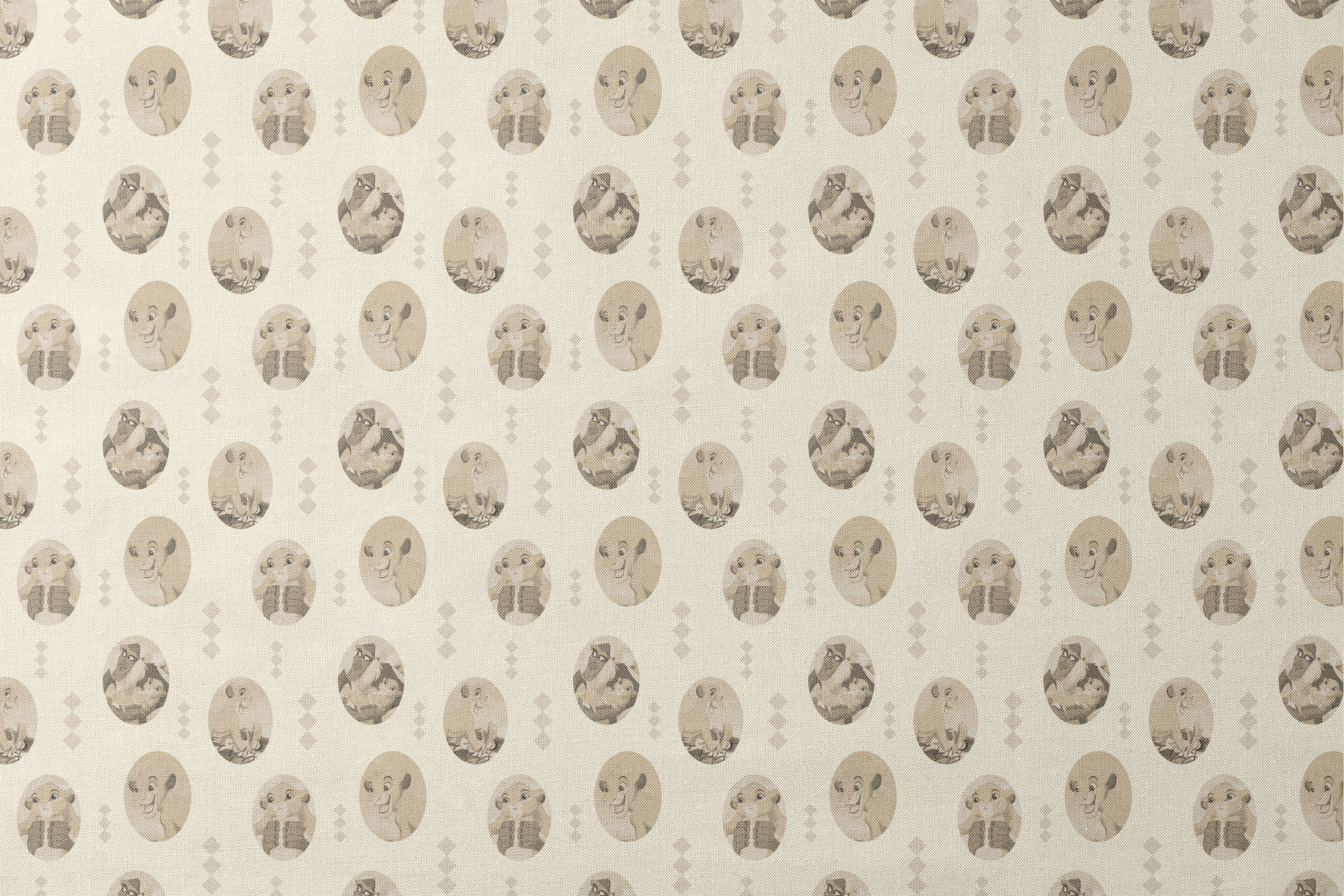 Lion King characters in sepia tone portraits on cream background with diamond pattern designs flat mockup