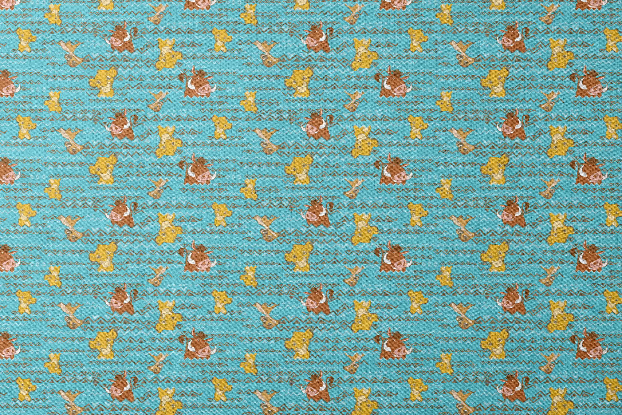 Lion King themed pattern with Simba and Timon characters on turquoise blue background with zigzag stripes designs flat mockup