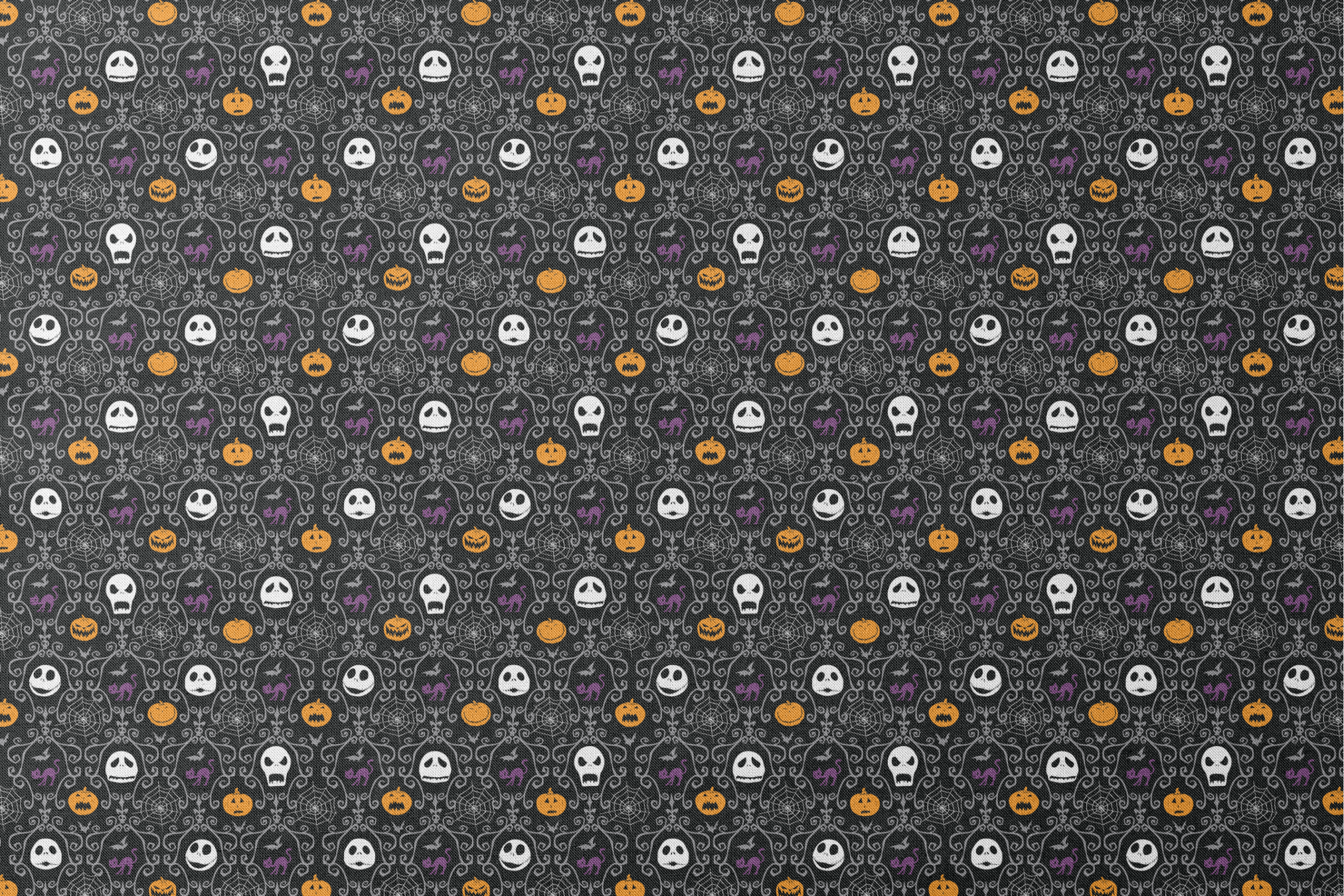 Nightmare Before Christmas pattern with skulls, pumpkins, bats and ornate swirls on black background designs flat mockup