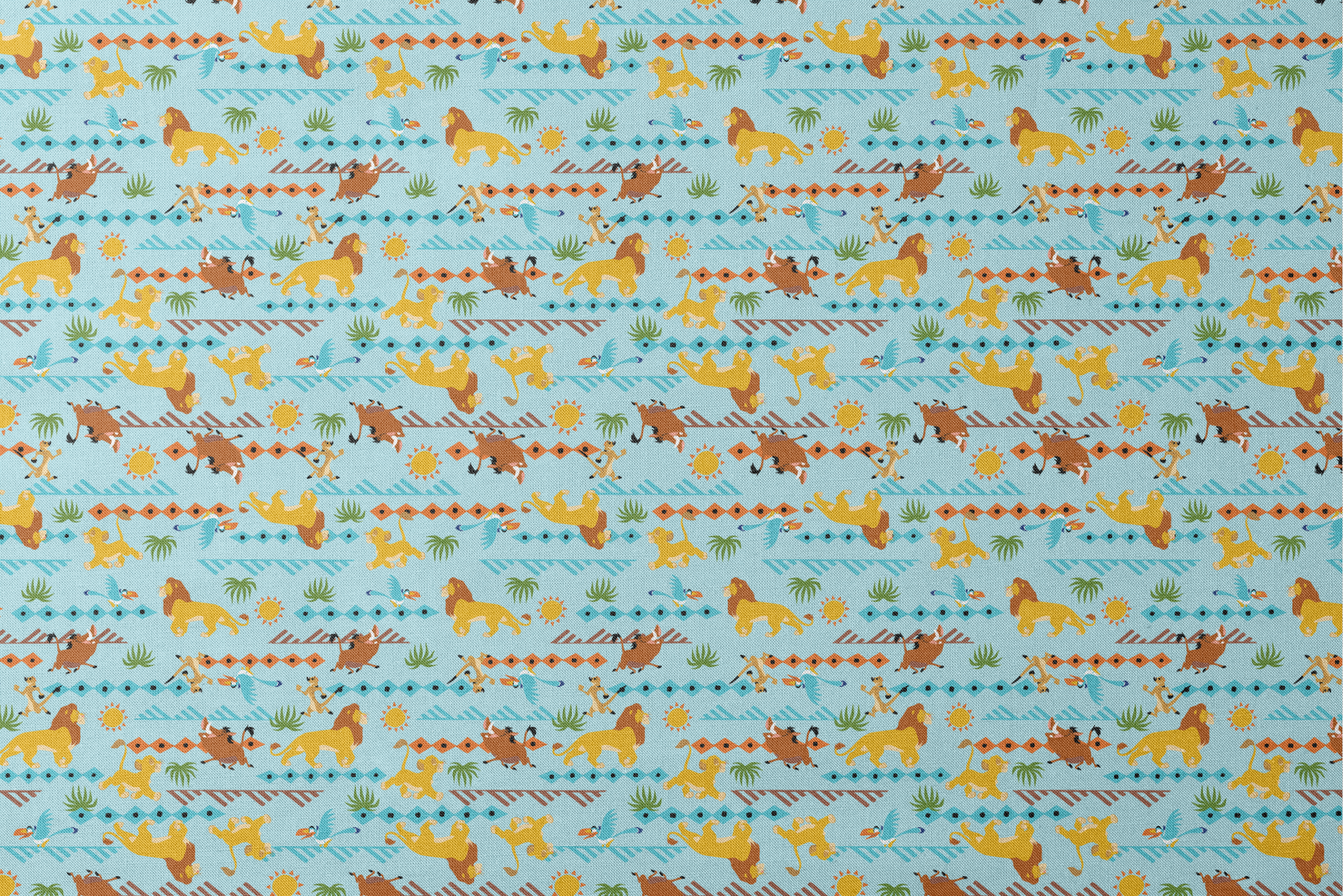 Colorful pattern with cartoon lions, palm trees, and sun designs on a light blue background designs flat mockup