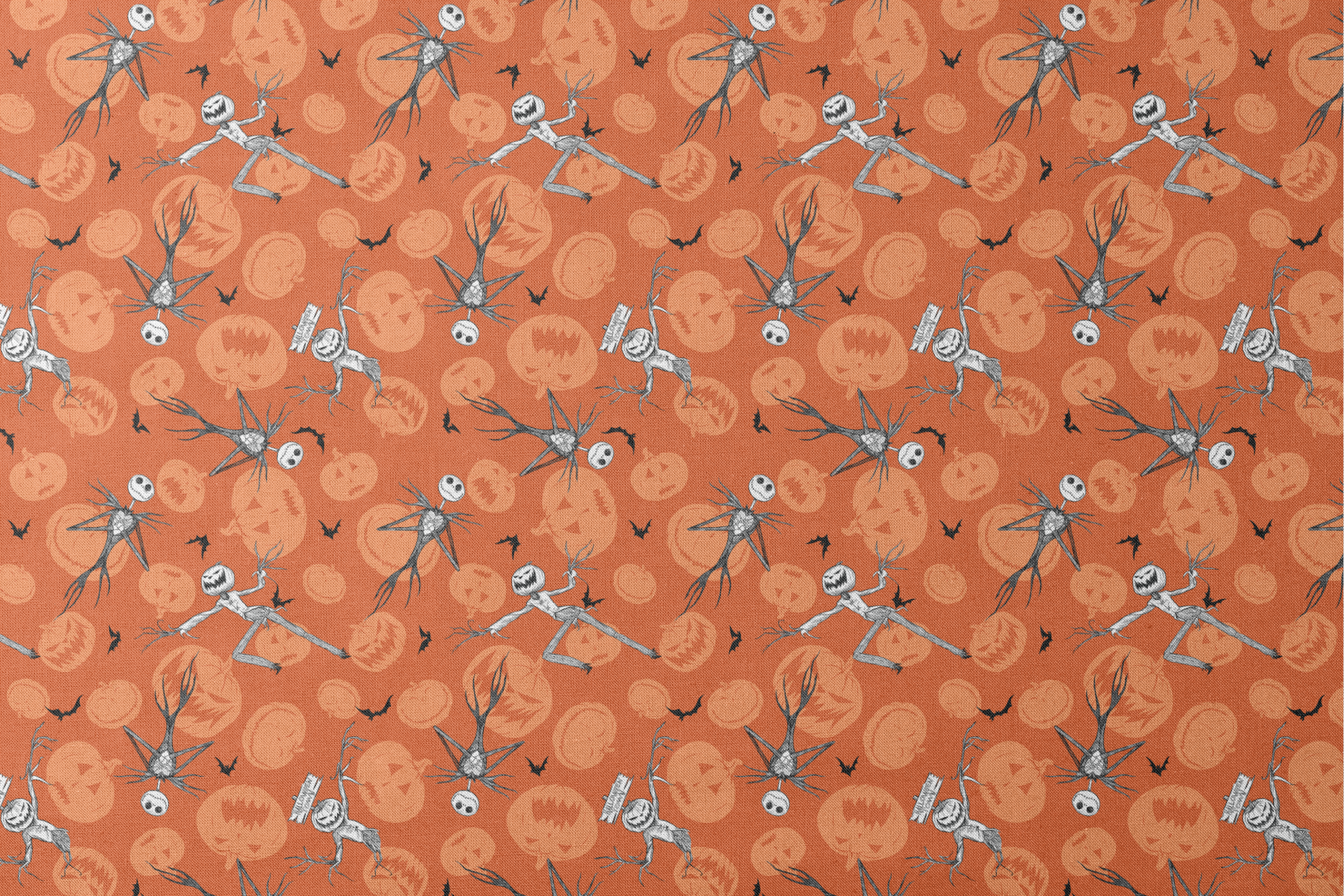 Nightmare Before Christmas pattern with Jack Skellington, bats, and jack-o'-lantern silhouettes on orange background designs flat mockup