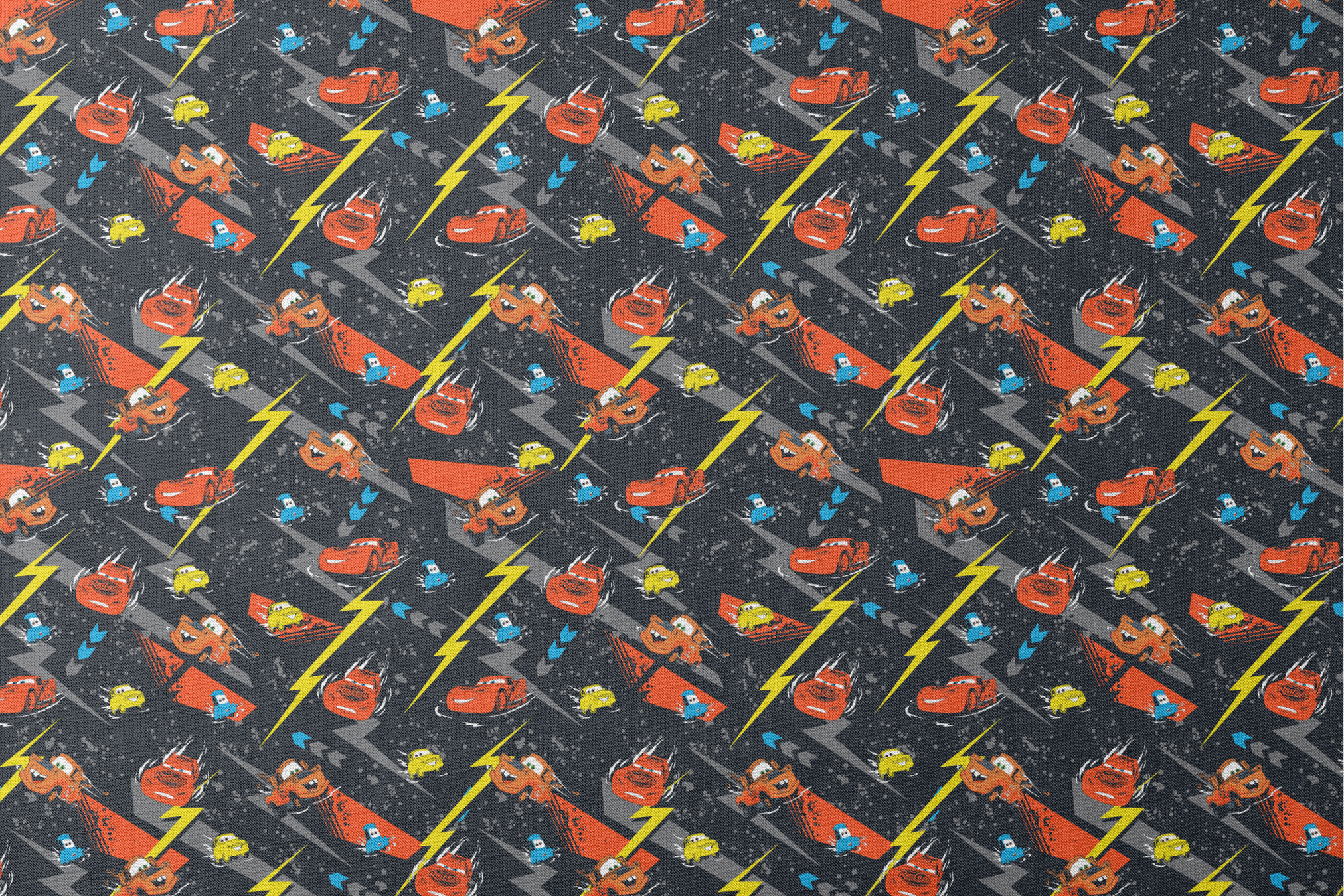 Pattern of animated red race cars with lightning bolt designs on dark background with yellow lightning strikes and blue accents designs flat mockup