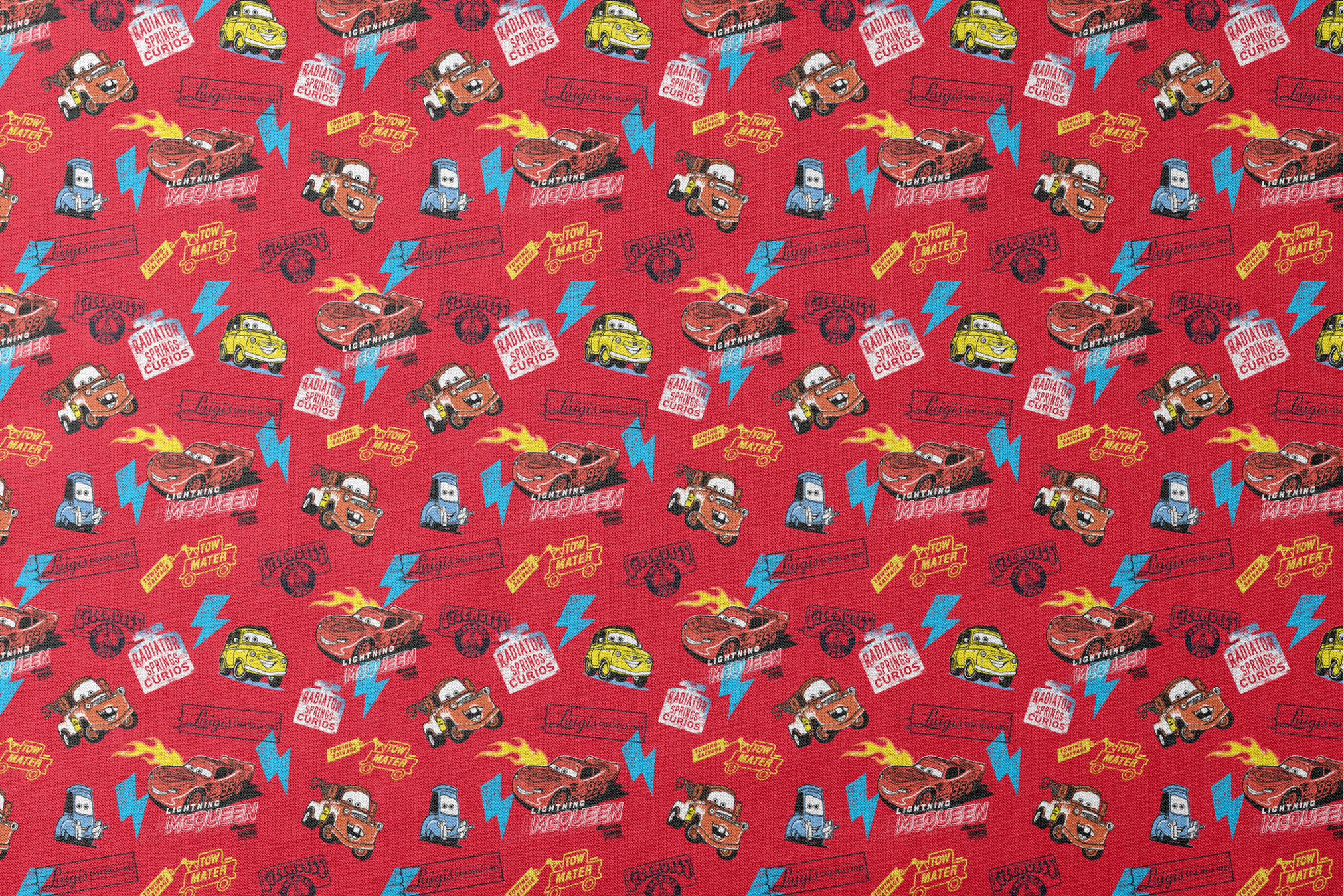 Colorful Disney Cars pattern featuring Lightning McQueen and Mater on vibrant red background with logos designs flat mockup
