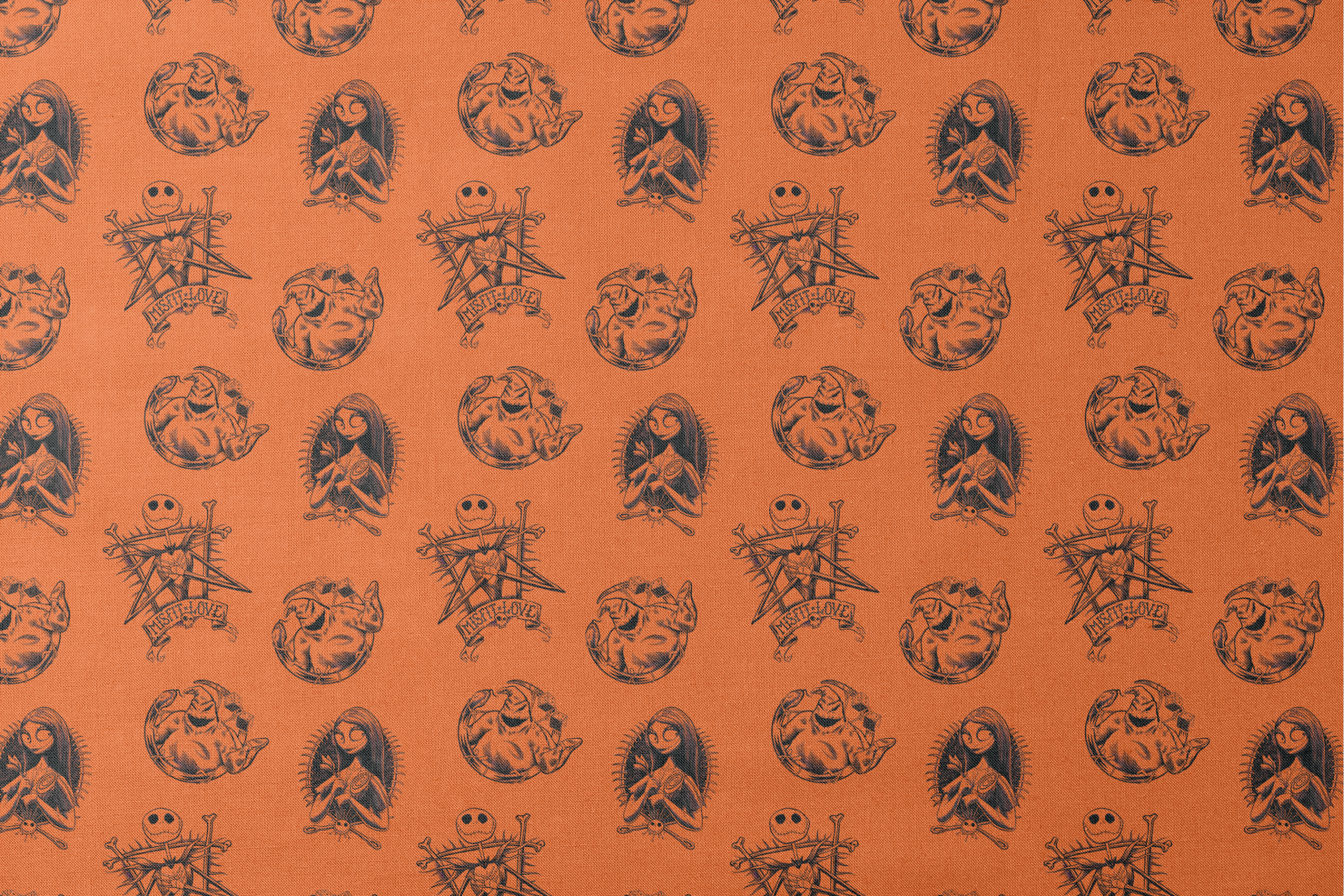 Halloween-themed pattern with spooky characters including Jack Skellington on bright orange background designs flat mockup