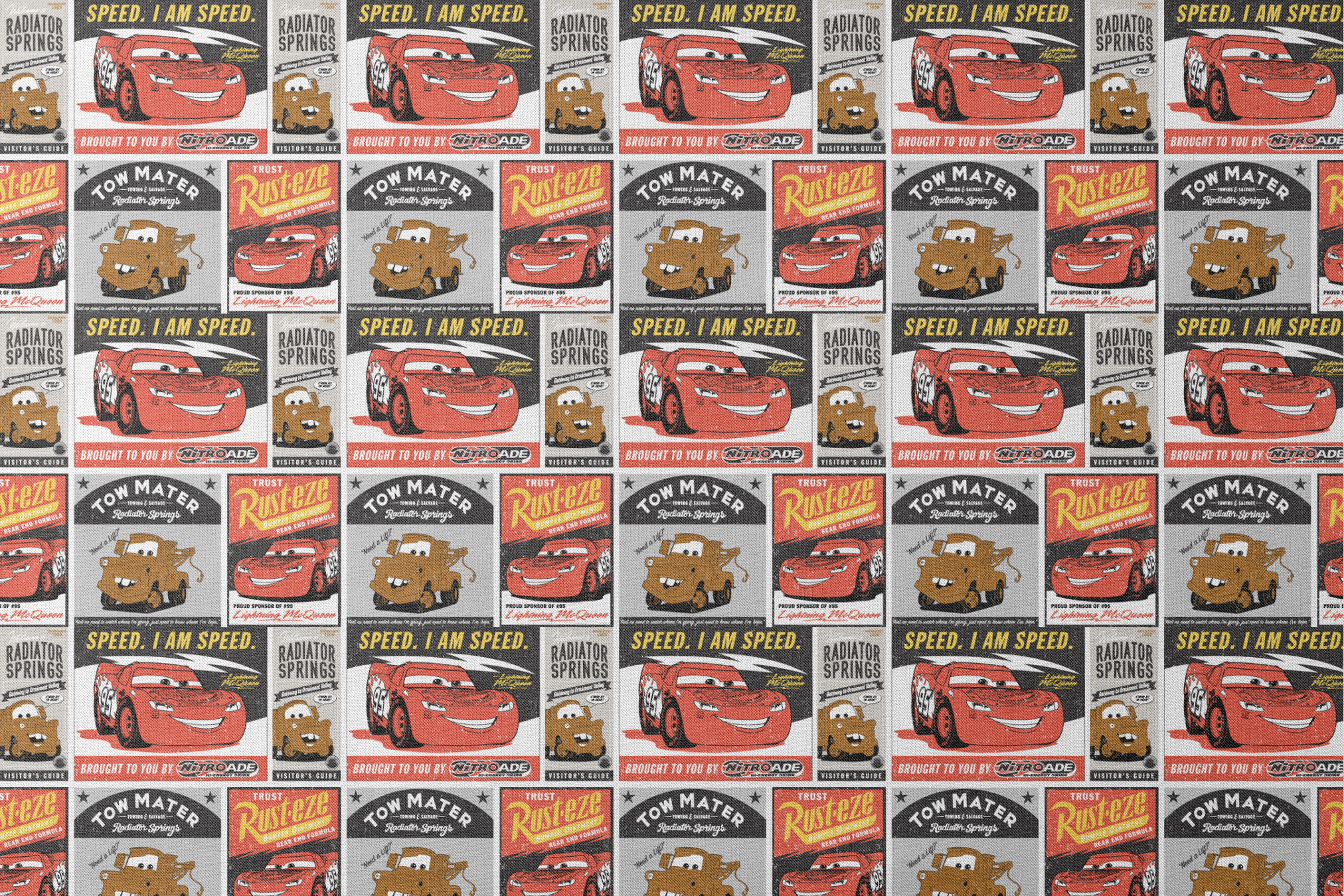 Cars merchandise posters featuring red race car saying "Speed. I am speed." and brown tow truck character with "Tow Mater" in vintage advertising style designs flat mockup