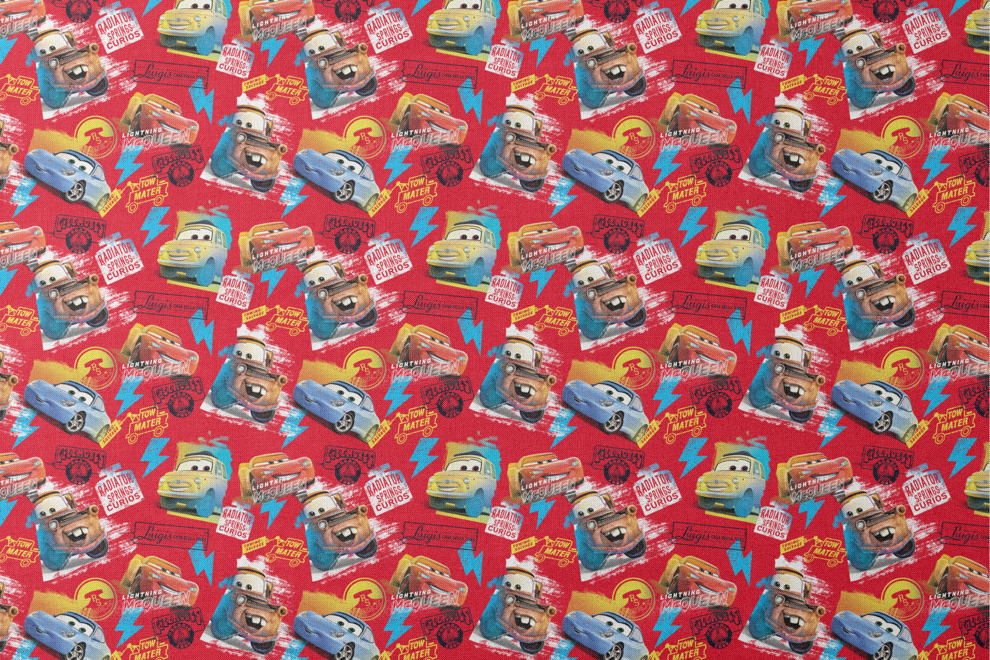 Colorful Cars movie characters pattern featuring Lightning McQueen and Mater on red background with logos designs flat mockup