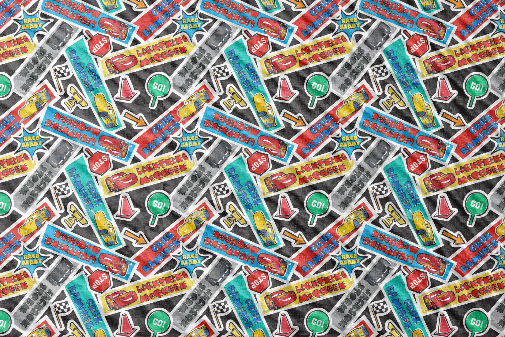 Colorful Cars movie stickers featuring Lightning McQueen, racing themes, and car motifs in vibrant colors. designs flat mockup