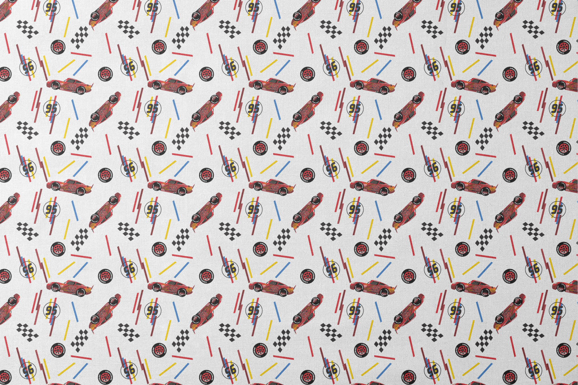 Racing car pattern with red toy cars, checkered flags, number 95 emblems, and colorful lines on white background designs flat mockup