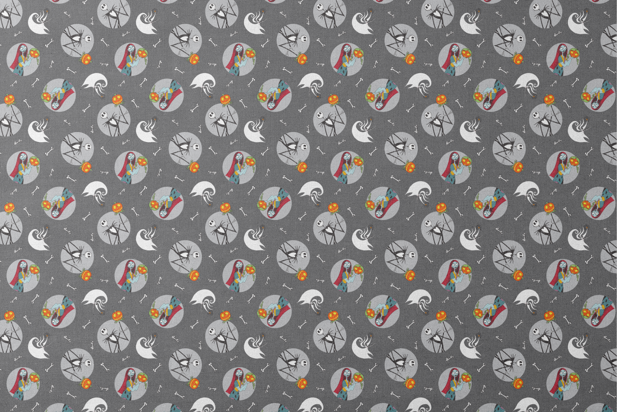 Nightmare Before Christmas themed pattern with Sally and Jack Skellington, pumpkins, bones, and ghostly designs on gray background designs flat mockup