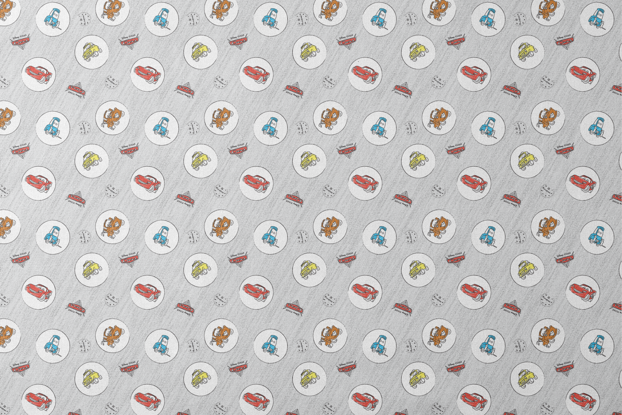 Cartoon Cars movie characters in white circles on a light gray sketched background with Cars logos designs flat mockup