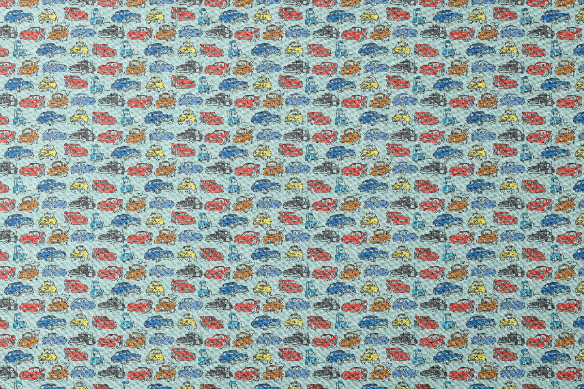 Colorful cartoon cars pattern including red racecars, blue sedans, yellow coupes, and tow trucks on light blue background designs flat mockup