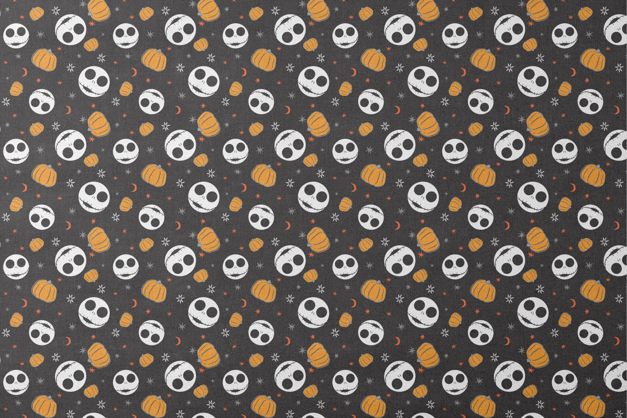 Halloween pattern with Nightmare Before Christmas characters, orange pumpkins, stars and crescent moons on black background designs flat mockup