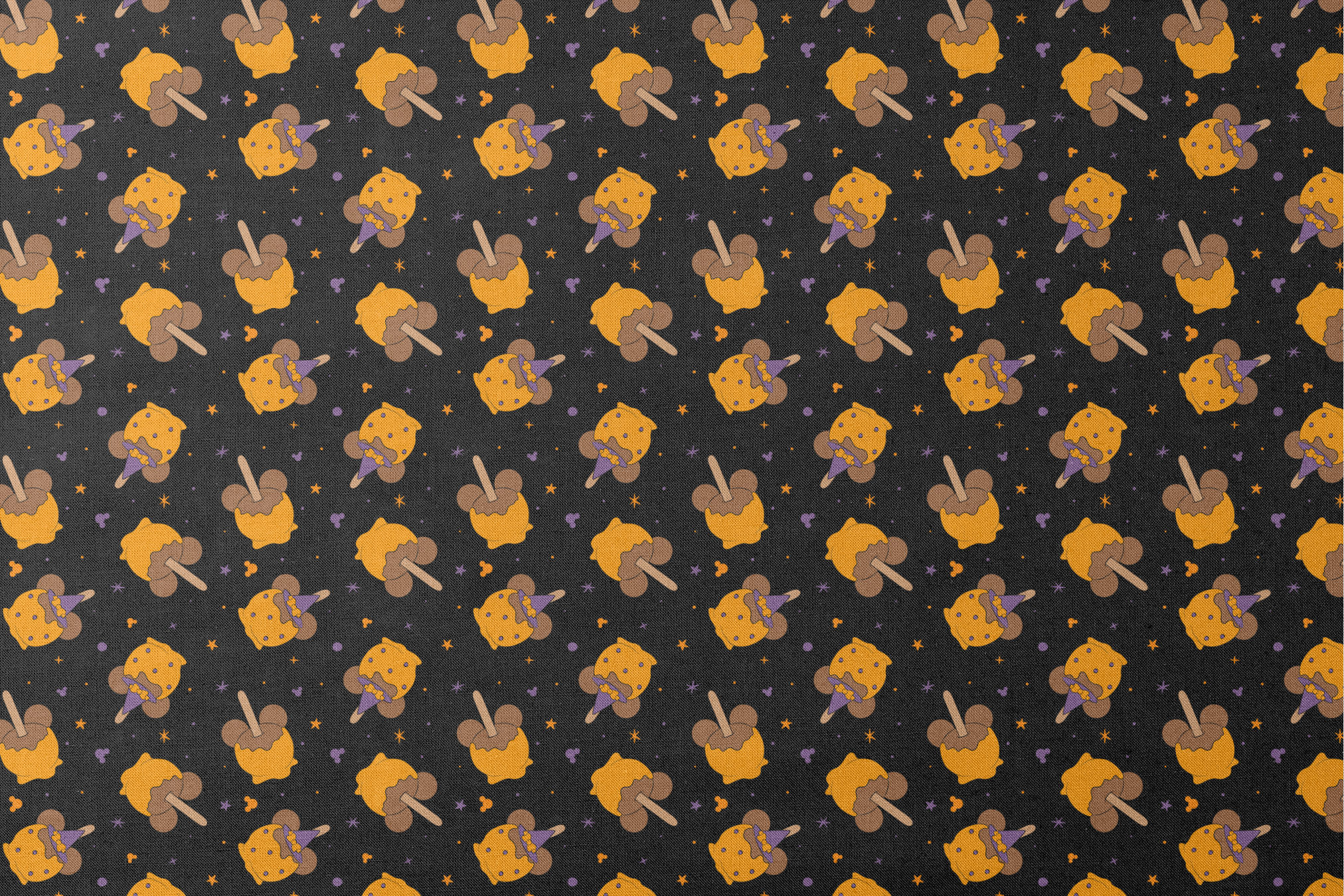 Disney-inspired caramel apples and candy apples floating in a space-like black background with purple stars. designs flat mockup