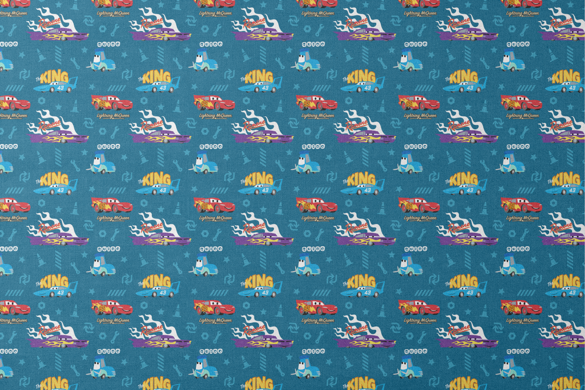 Disney Cars pattern featuring Lightning McQueen, Ramone's purple car with flames, and The King 43 on blue background with racing icons designs flat mockup