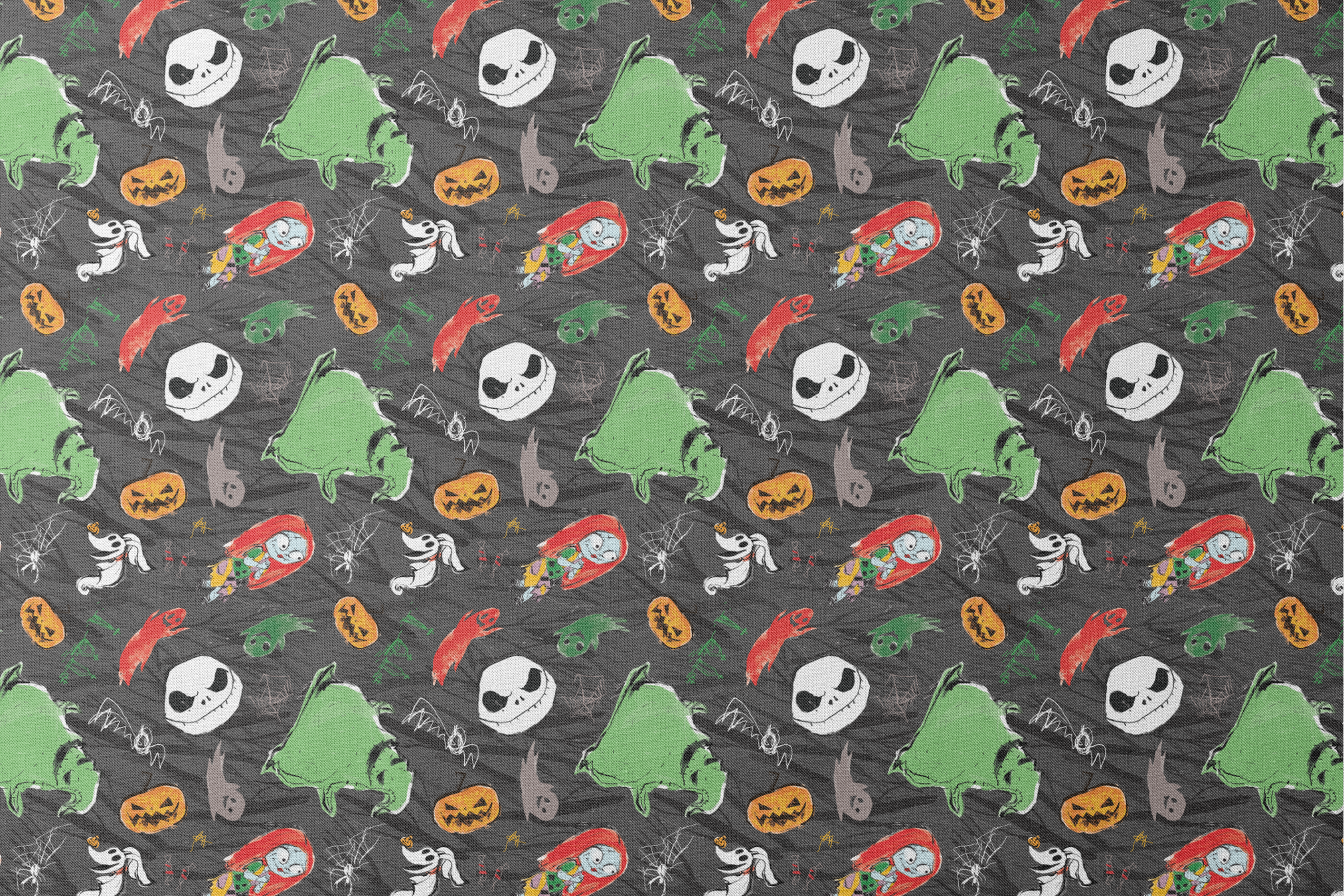 Nightmare Before Christmas pattern with Jack's face, green ghosts, orange pumpkins, spiders, and white ghosts on dark gray background designs flat mockup