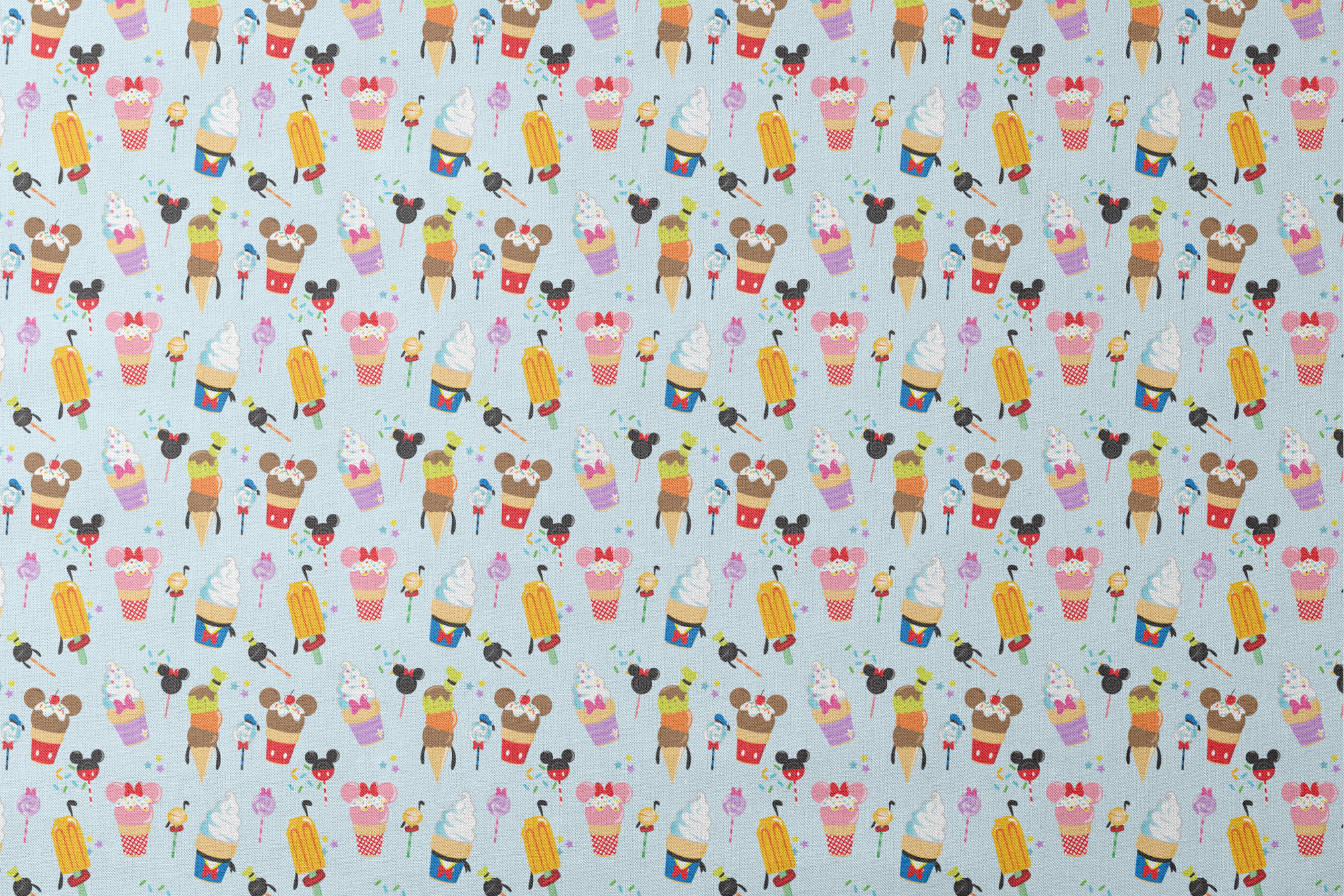 Disney-themed ice cream and sweet treats pattern with Mickey and Minnie icons on light blue background designs flat mockup