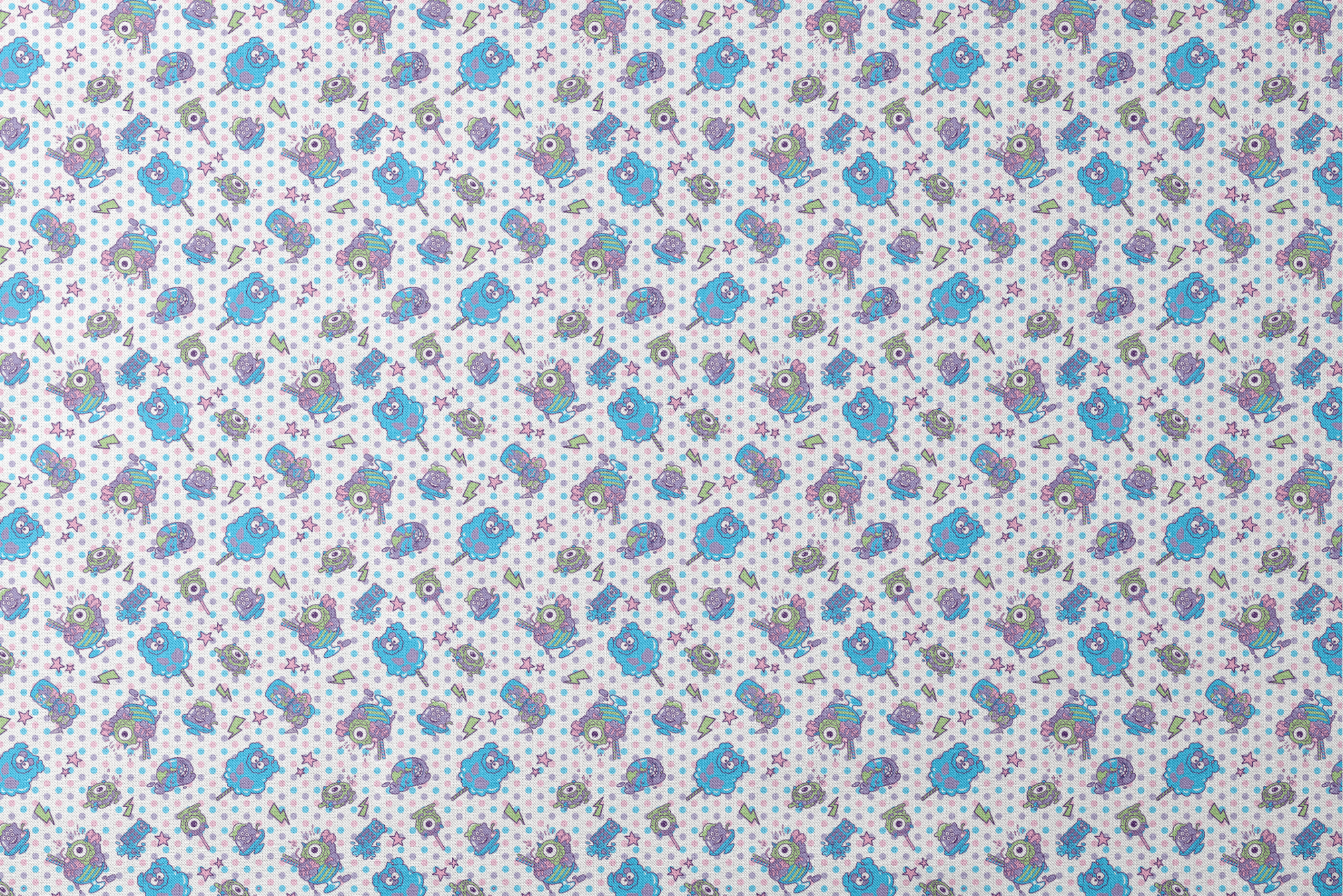 Monsters Inc inspired desserts, stars and lightning bolts on polka dot background designs flat mockup