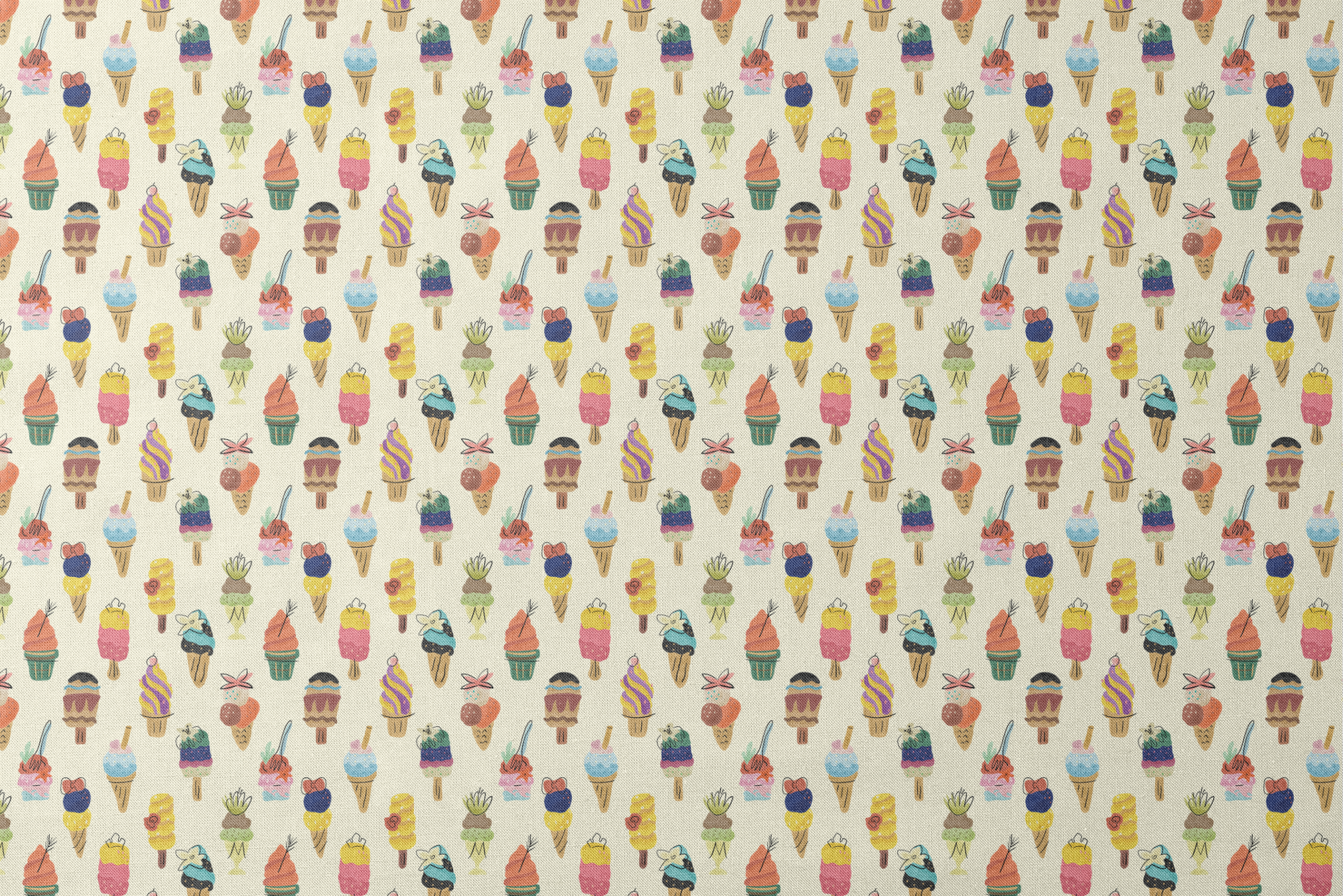 Colorful illustration of Disney Princess-inspired ice cream desserts including cones, popsicles, and sundaes with decorative toppings designs flat mockup