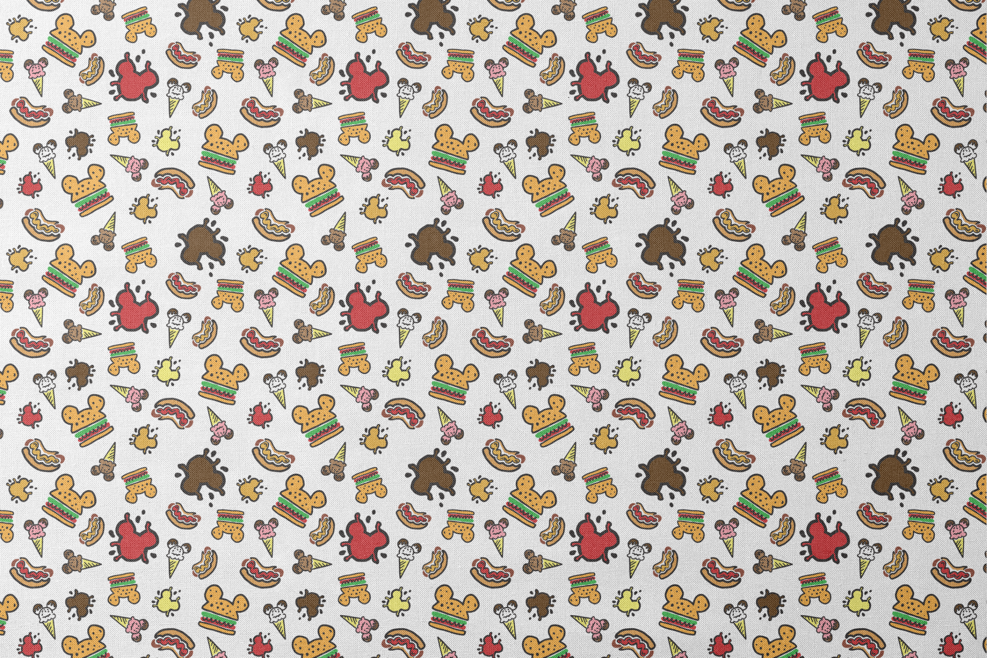 Colorful Disney theme park food icons including Mickey-shaped burgers, ice cream cones, hot dogs and apples on white background designs flat mockup